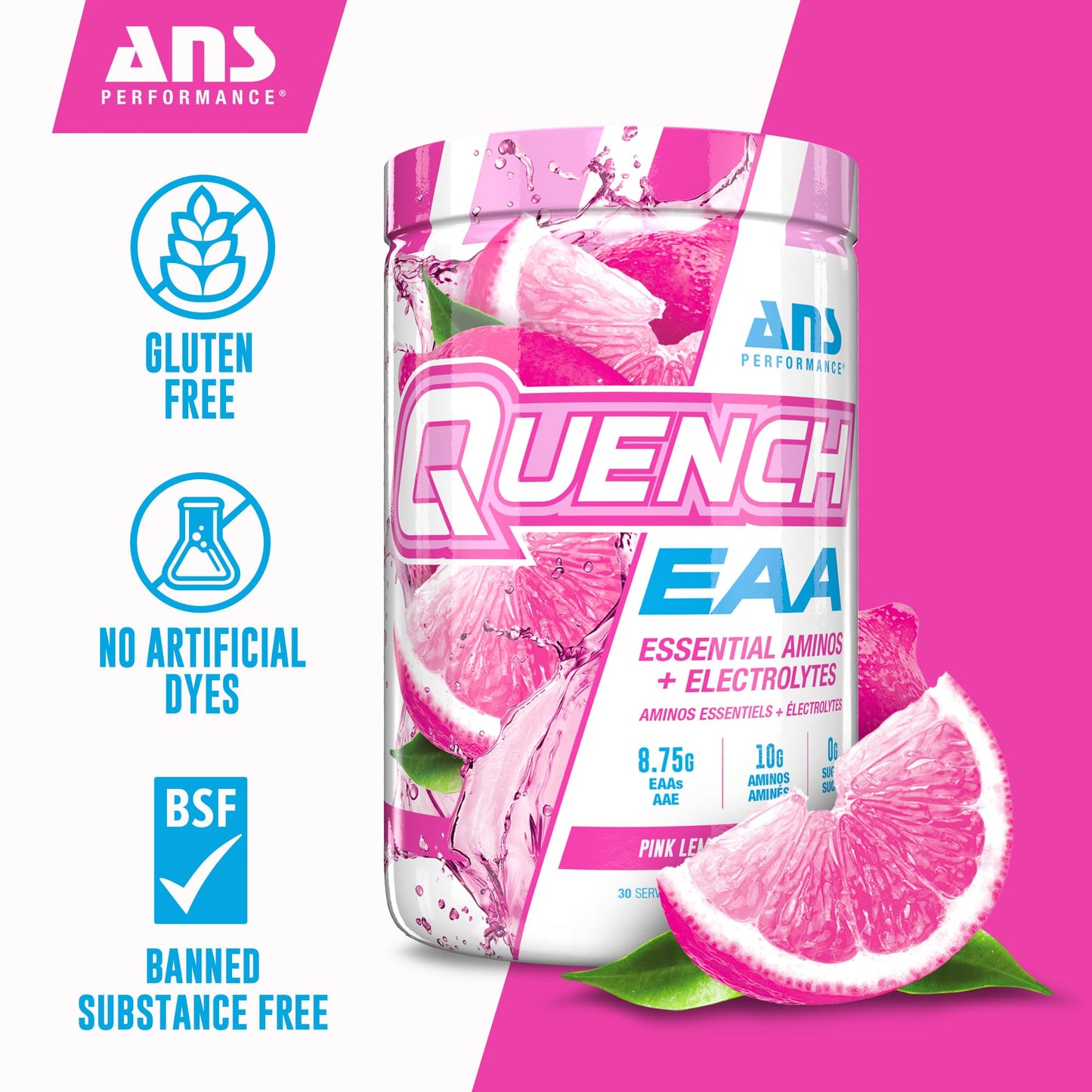 Quench EAA Aminos + Electrolytes - Complete Blend of 9 EAAs - 10g Total Amino Acids - Vitamins, Antioxidants, Electrolytes - Zero Sugar, Carbs, Calories (Pink Lemonade)