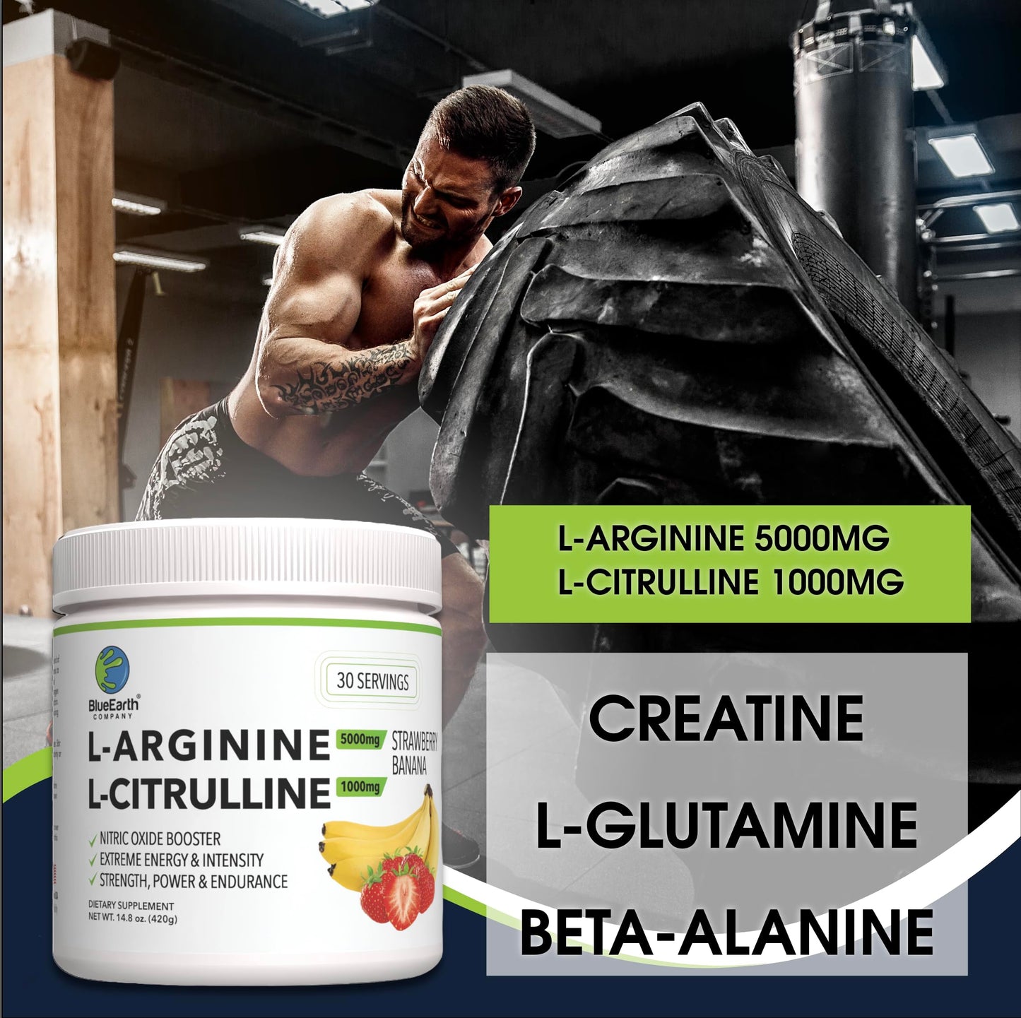 BlueEarth Company L-Arginine 5000mg + L-Citrulline Complex Powder Supplement Drink Mix - Nitric Oxide Booster for Heart Health, Blood Flow & Energy - 30 Servings (Strawberry Banana)