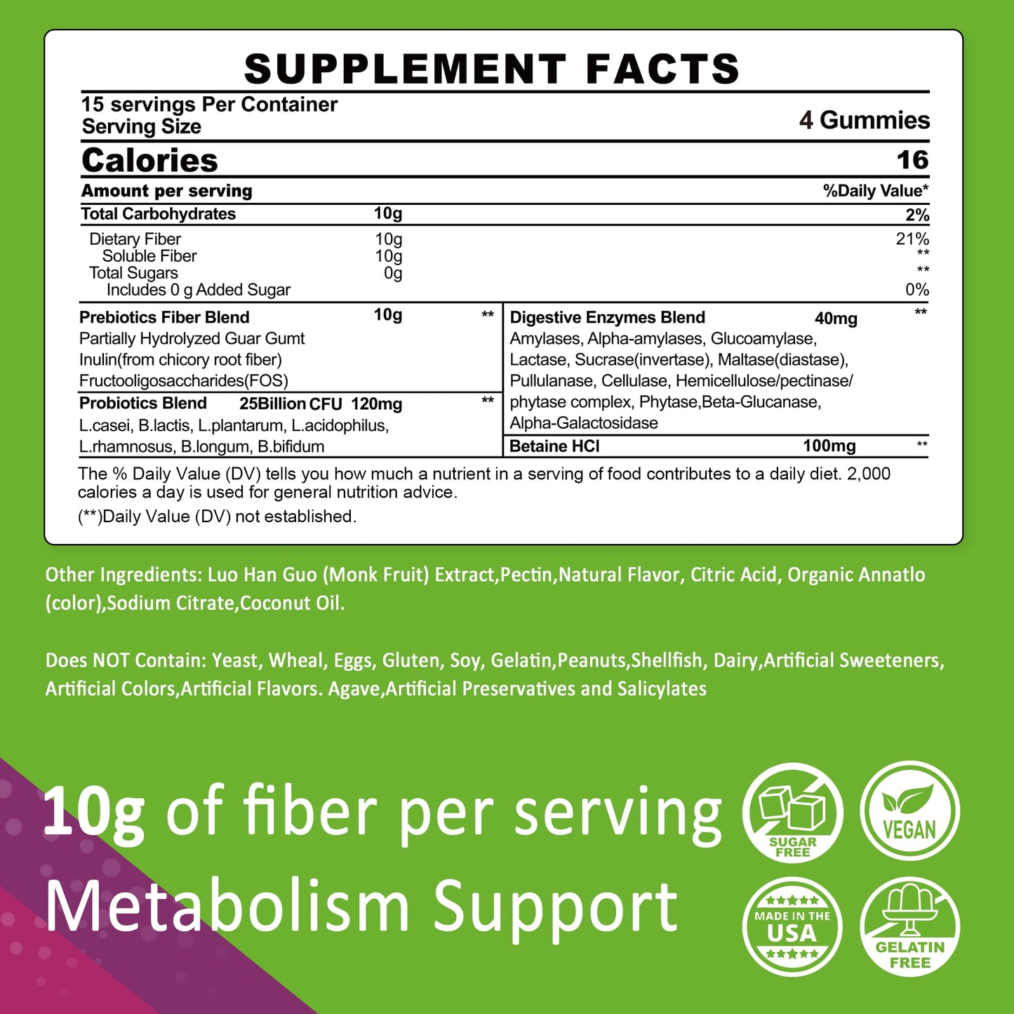 Fiber Gummies for Adults, Sugar Free 10g Prebiotic Fiber Supplement with Digestive Enzymes, Probiotics & 100mg Betaine for Digestive & Gut Health and Regulate Bowel Movement, Vegan, Gelatin Free,120ct