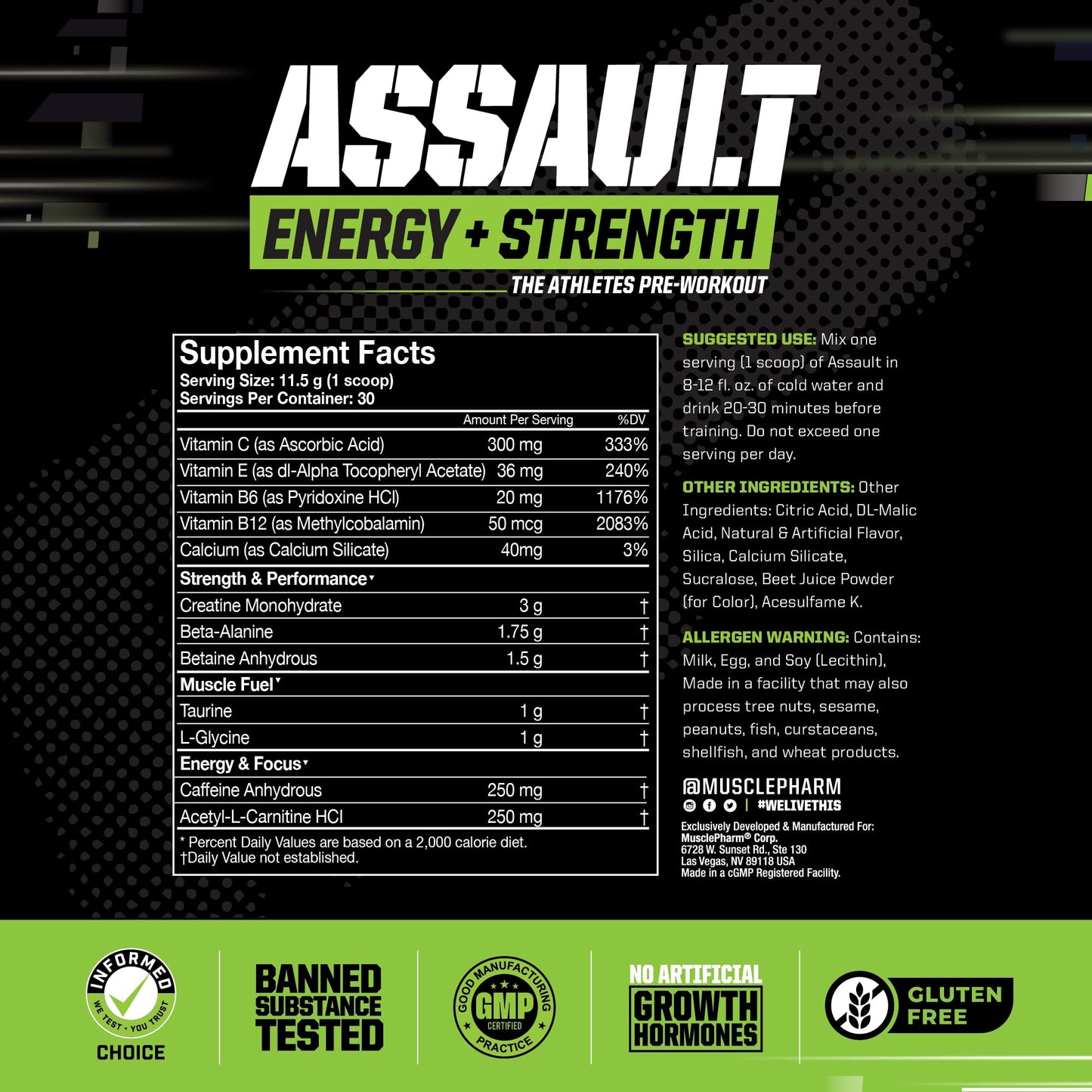 Muscle Pharm Assault Energy & Strength Pre Workout Powder for Men & Women with Beta Alanine, Caffeine, Creatine & Betaine Anhydrous, Pre-Workout Supplements, 30 Servings, Hwachae Melon Flavor