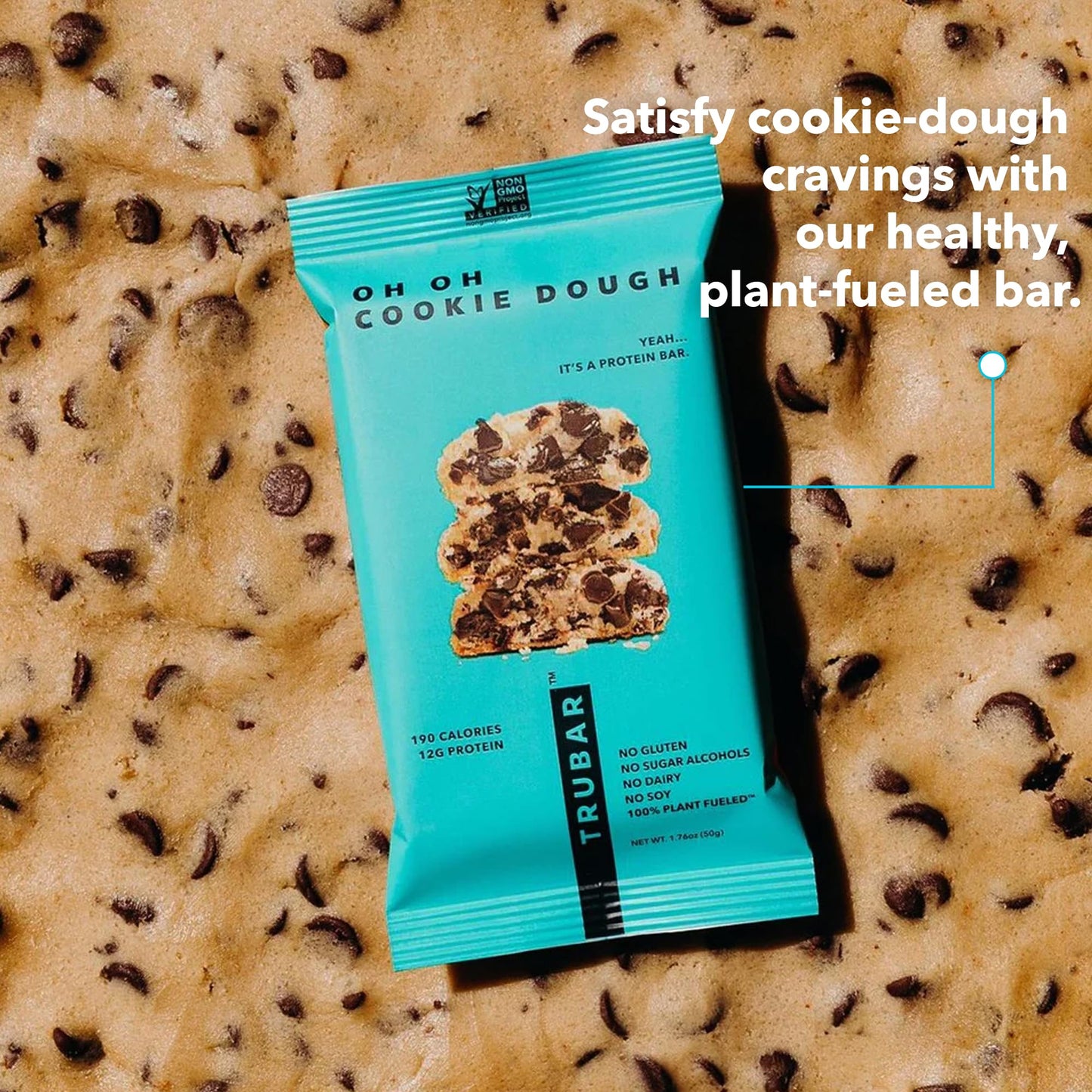 TRUBAR Vegan Protein Bar Oh Oh Cookie Dough Gluten Free Plant Based Protein Dairy Free Non GMO Soy Free No Sugar Alcohols 12G Protein 13G Fiber 23G Carb Healthy on the Go Snack Bars 12 CT