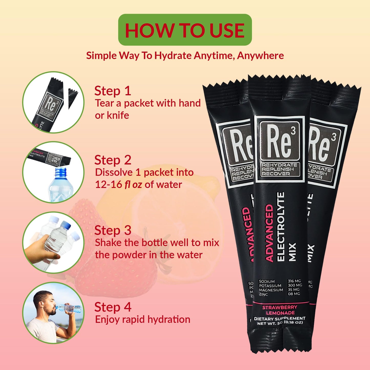 Re3 - Rehydrate - Replenish - Recover Electrolyte Powder Packets. No Sugar, 6 Cal, 2 Carbs. The Best Mix of Vitamins and Minerals (Strawberry Lemonade)