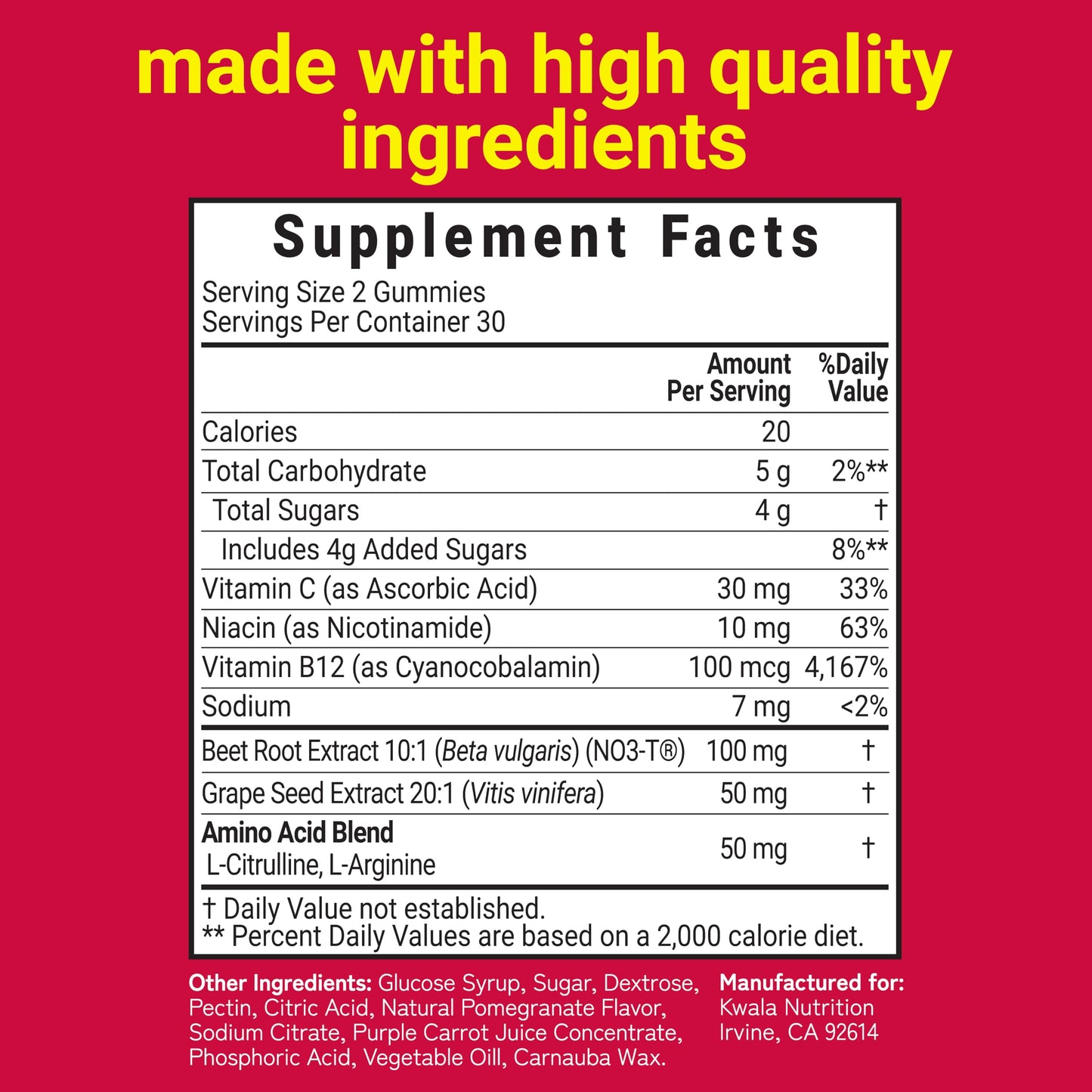 Kwala Nutrition Beet Gummies for Energy, Nitric Oxide & Heart Health | Super Nitric Oxide Supplement with Grape Seed Extract | Pomegranate Flavor | Vegan, Non-GMO | 60 Beet Chews, Chewables