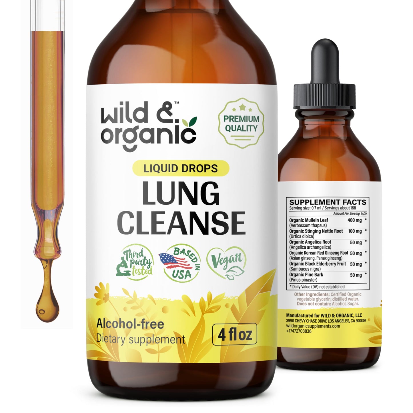 Wild & Organic Lung Cleanse Detox Tincture - Mullein Drops for Lungs - Herbal Mullein Extract Supplement - Vegan, Alcohol-Free Drops - 4 fl oz