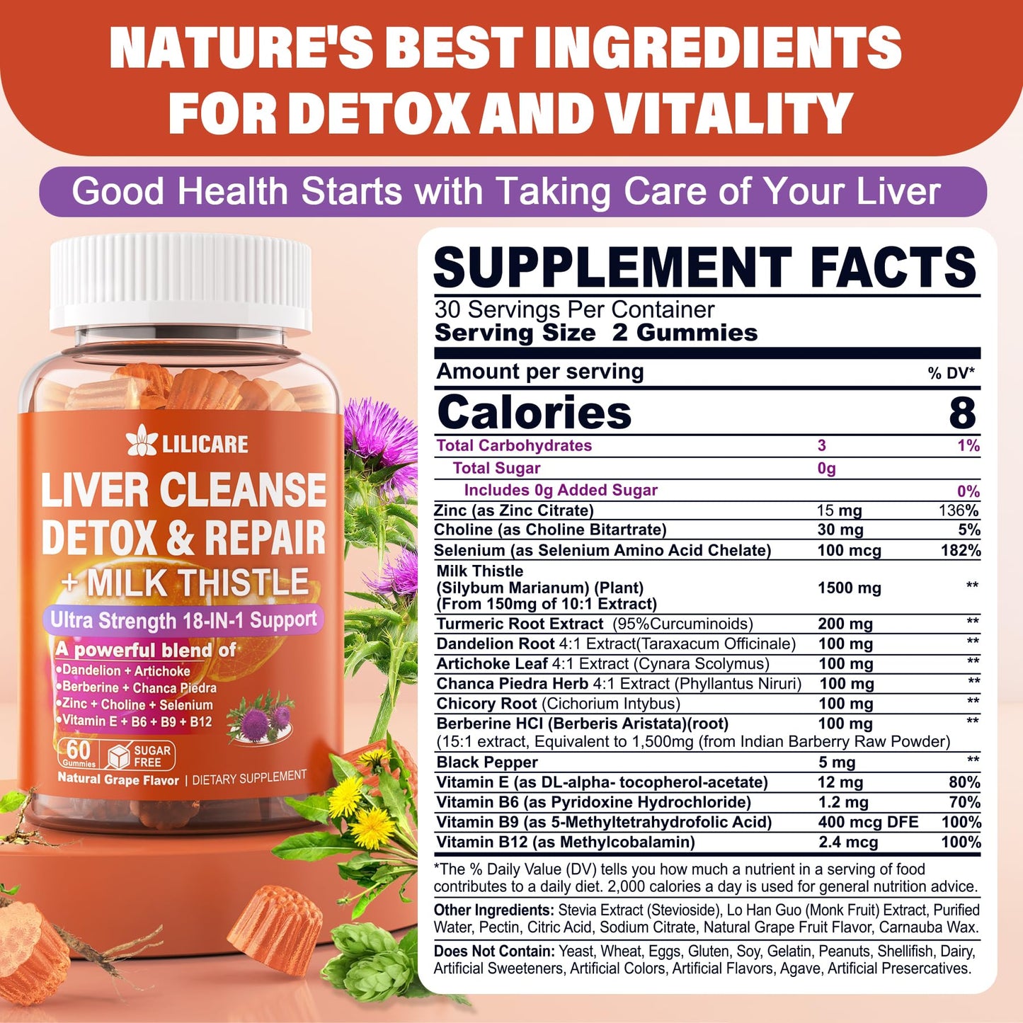 Milk Thistle Liver Detox Gummies, 18-IN-1 Liver Cleanse Detox & Repair Supplement with Organic Berberine, Chicory Root, Turmeric, Artichoke, Dandelion Root, Chanca Piedra, Vitamins B6 B9 B12,Pack of 2