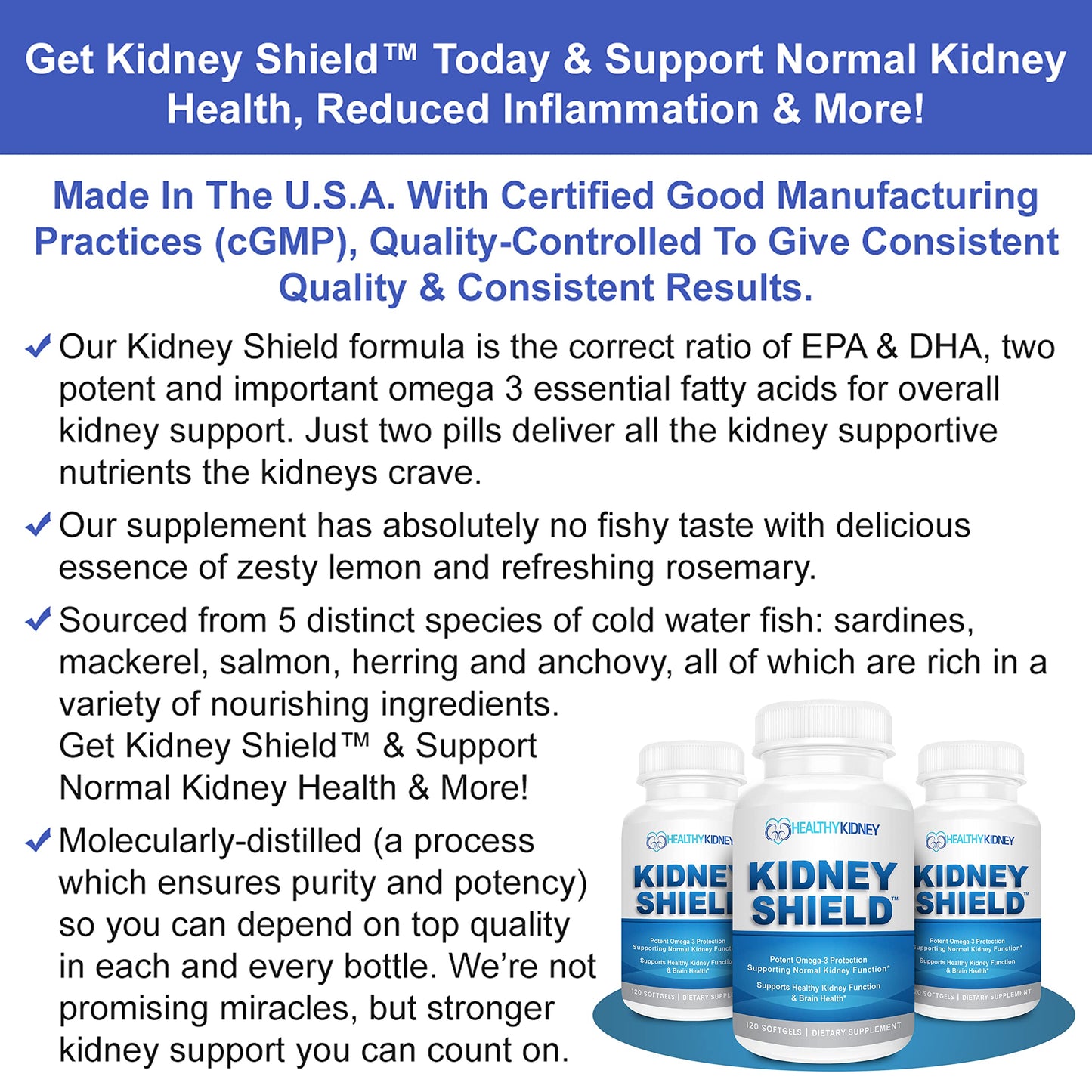 Kidney Shield Omega 3 Fish Oil Supplements - DHA EPA Omega 3 Supplement for Women & Men Kidney Health - Omega3 to Support Normal Kidney Function & Kidney Cleanse Detox & Repair - 120 Lemon Softgels