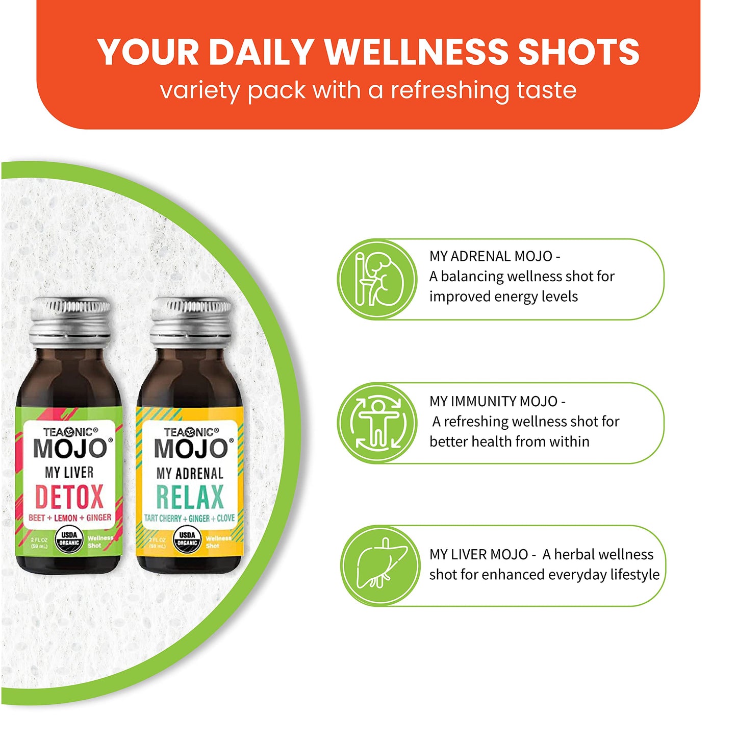 TEAONIC Wellness Shots - Variety Pack: Relax, Revive, Detox Shots, USDA-Certified Organic Wellness Shots, 12 Pack, 2 Fl. Oz Each