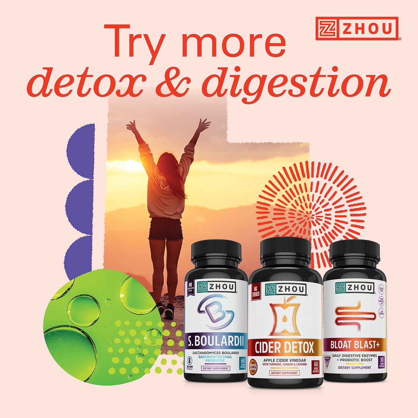 Zhou Nutrition Apple Cider Vinegar Gummies with The Mother, ACV Detox & Cleanse, Natural Probiotics, Digestion Support, Heart Health, Gelatin-Free, Vegan, Gluten-Free, Non-GMO, 60 Count