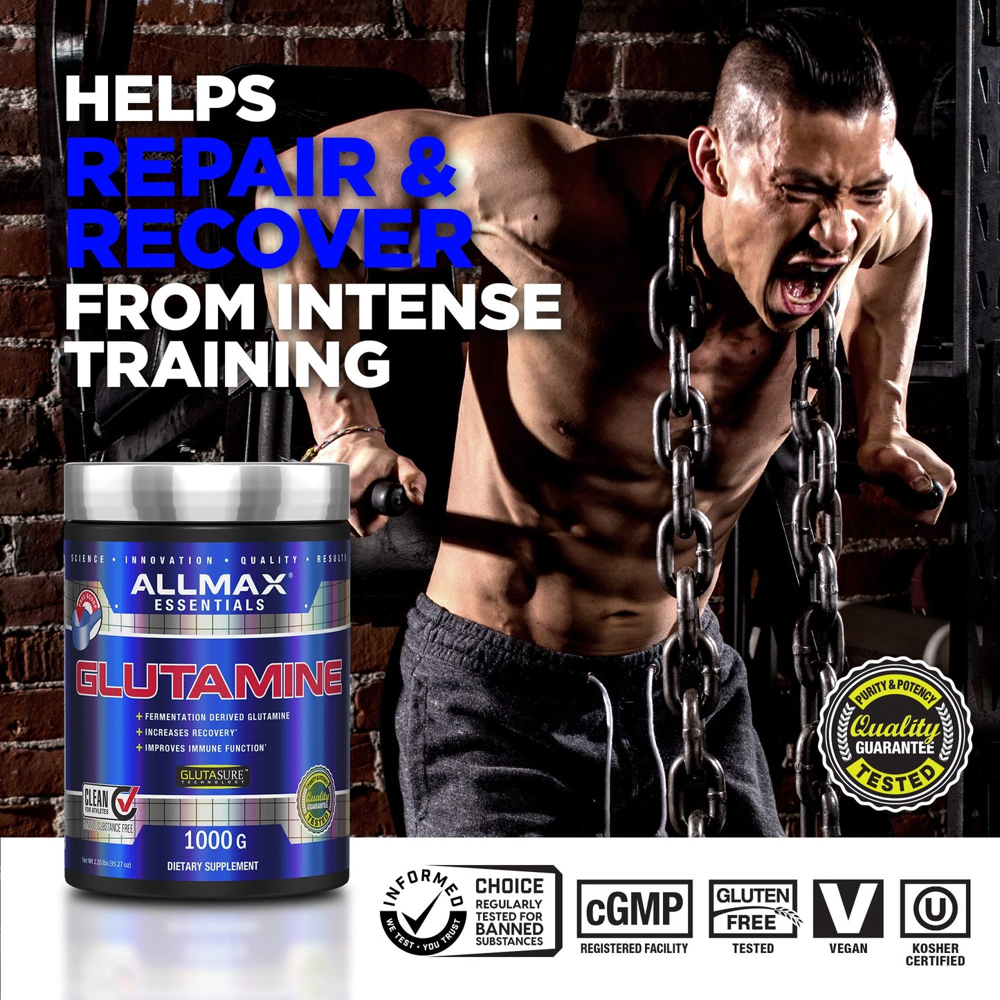 ALLMAX Essentials GLUTAMINE - 100 g Powder - Fermentation-Derived Glutamine - Increases Recovery & Supports Immune System - Gluten Free & Vegan - 20 Servings