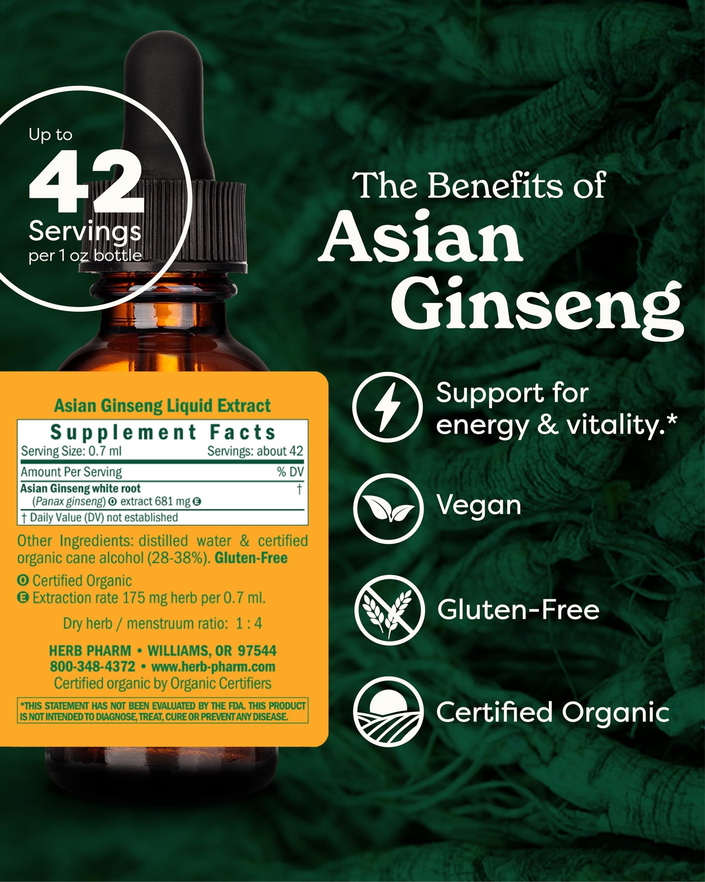 Herb Pharm Asian (Panax) Ginseng Liquid Extract for Energy and Stamina Support - 1 Ounce