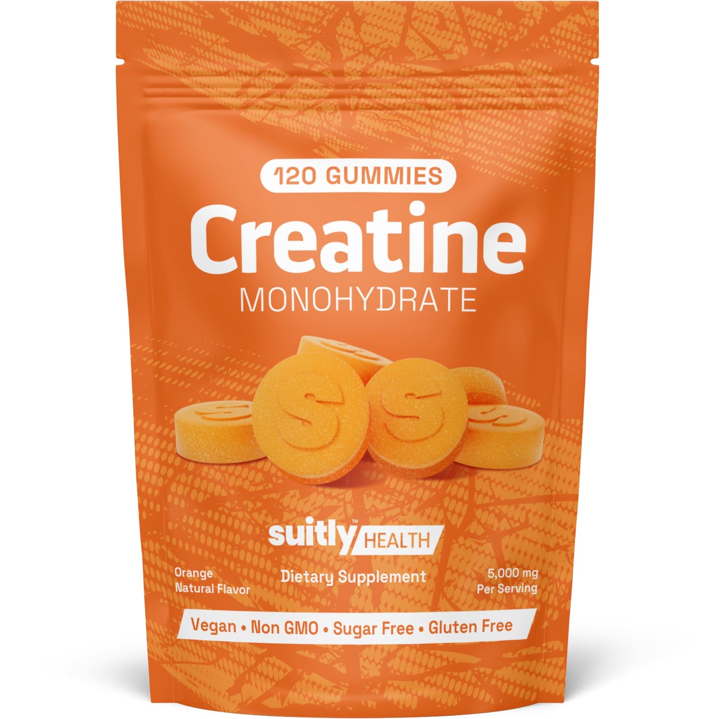 Suitly Creatine Monohydrate Gummies for Men & Women, 5g Sugar-Free Creatine Monohydrate Gummies for Muscle Gain & Recovery, Delicious Pre Workout Chews with Handy Pouch (Orange, 120 Count)