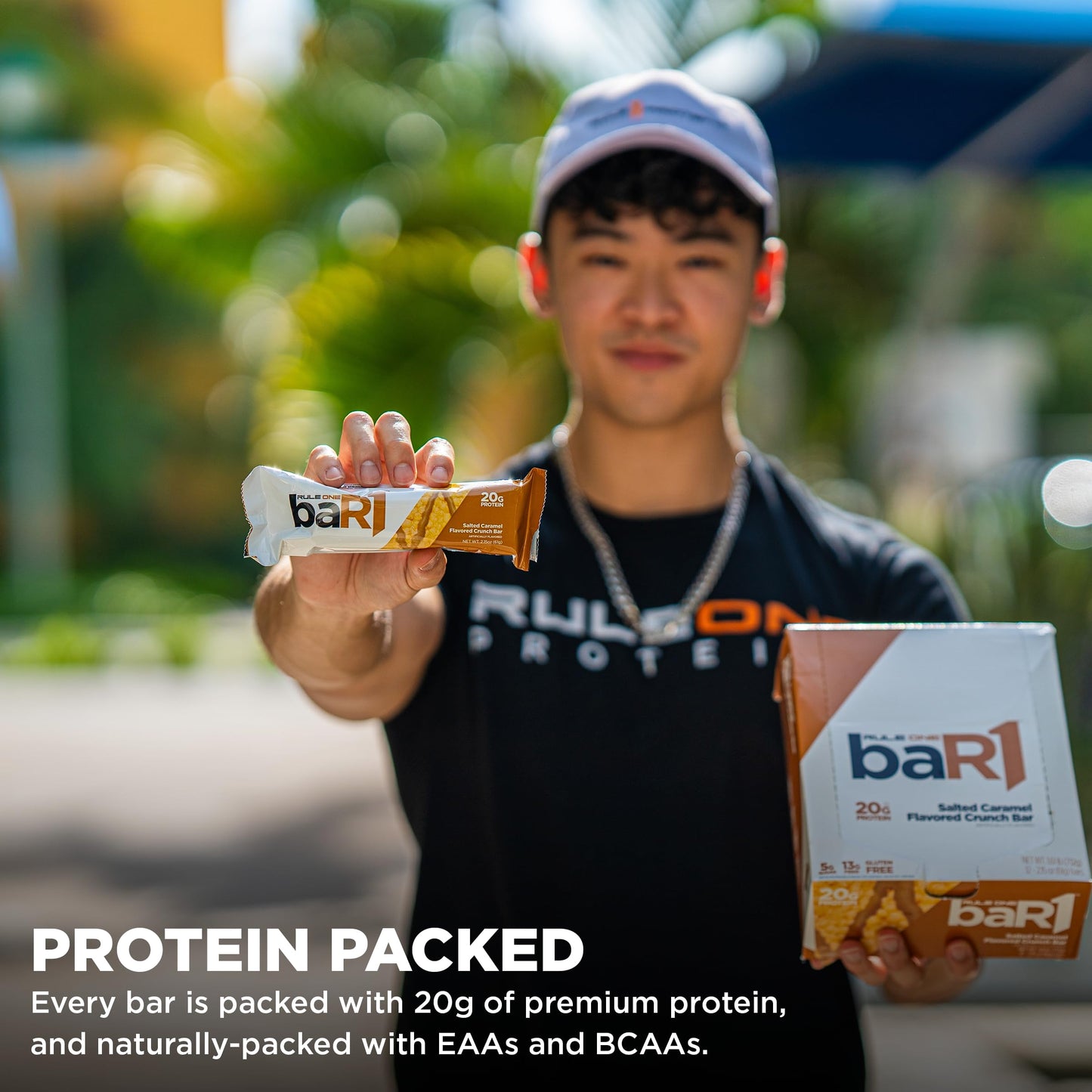 Rule 1 baR1 Crunch Bar - On-The-Go Convenient Protein Snack Bars with 20g Premium Protein, Naturally-Packed with EAAs/BCAAs, Hunger-Filling Fiber (12 Count Box, Birthday Cake)