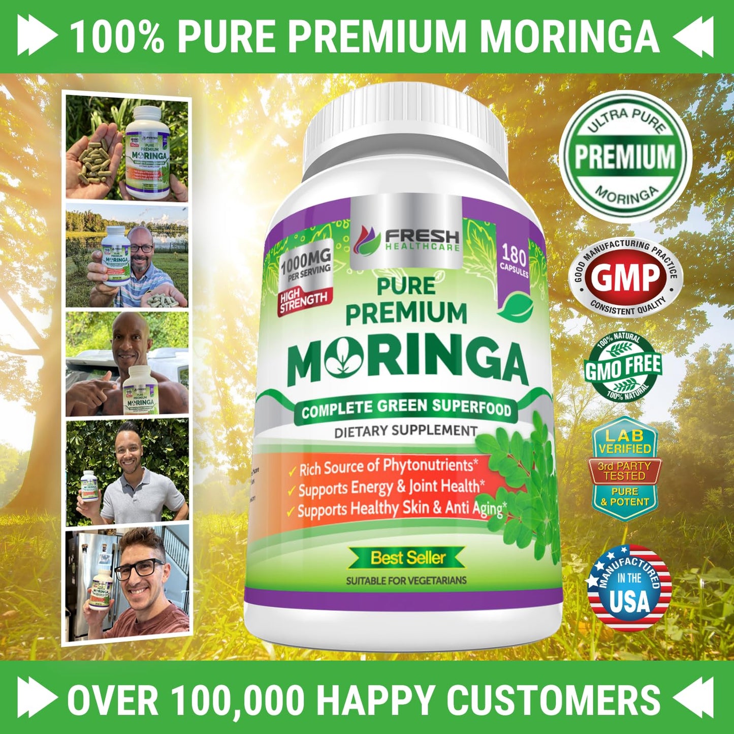 FRESH HEALTHCARE Moringa Oleifera 180 Capsules - 100% Pure Leaf Powder - 3 Month Supply - Non GMO and Gluten Free - Complete Green Superfood Supplement - Energy, Metabolism and Immune Support