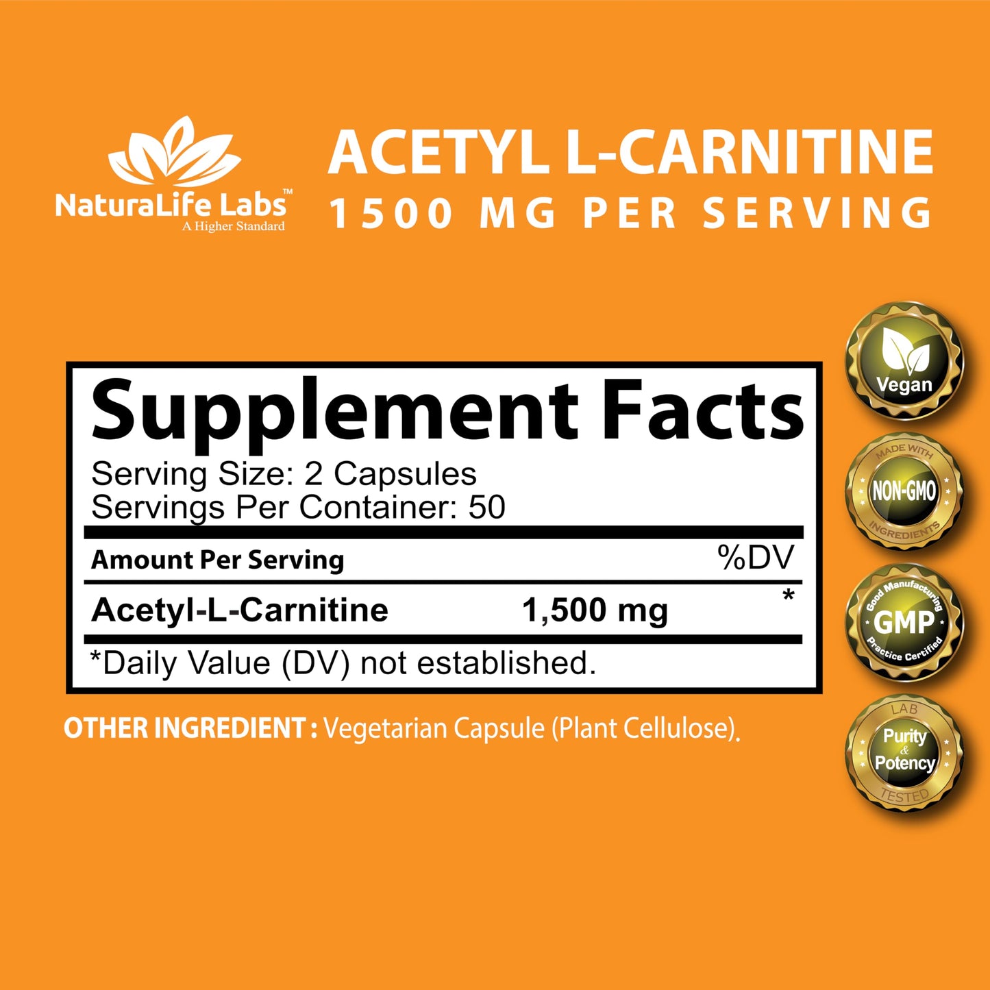 Acetyl L-Carnitine 1,500 mg High Potency Supports Energy Production, Sports Nutrition, Supports Memory/Focus - 100 Veggie Capsules