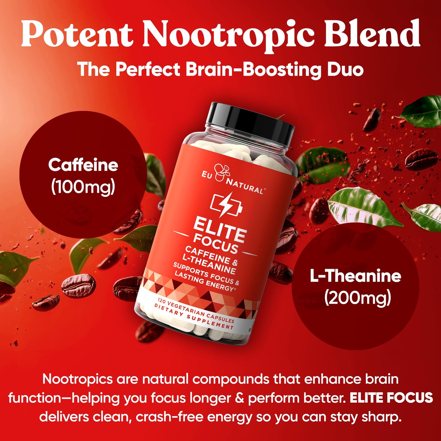 Elite Caffeine Pills with L-Theanine - Jitter-Free Focused Energy Supplements - Clean & Natural Nootropic Stack for Smart Cognitive Performance - 120 Soft Capsules