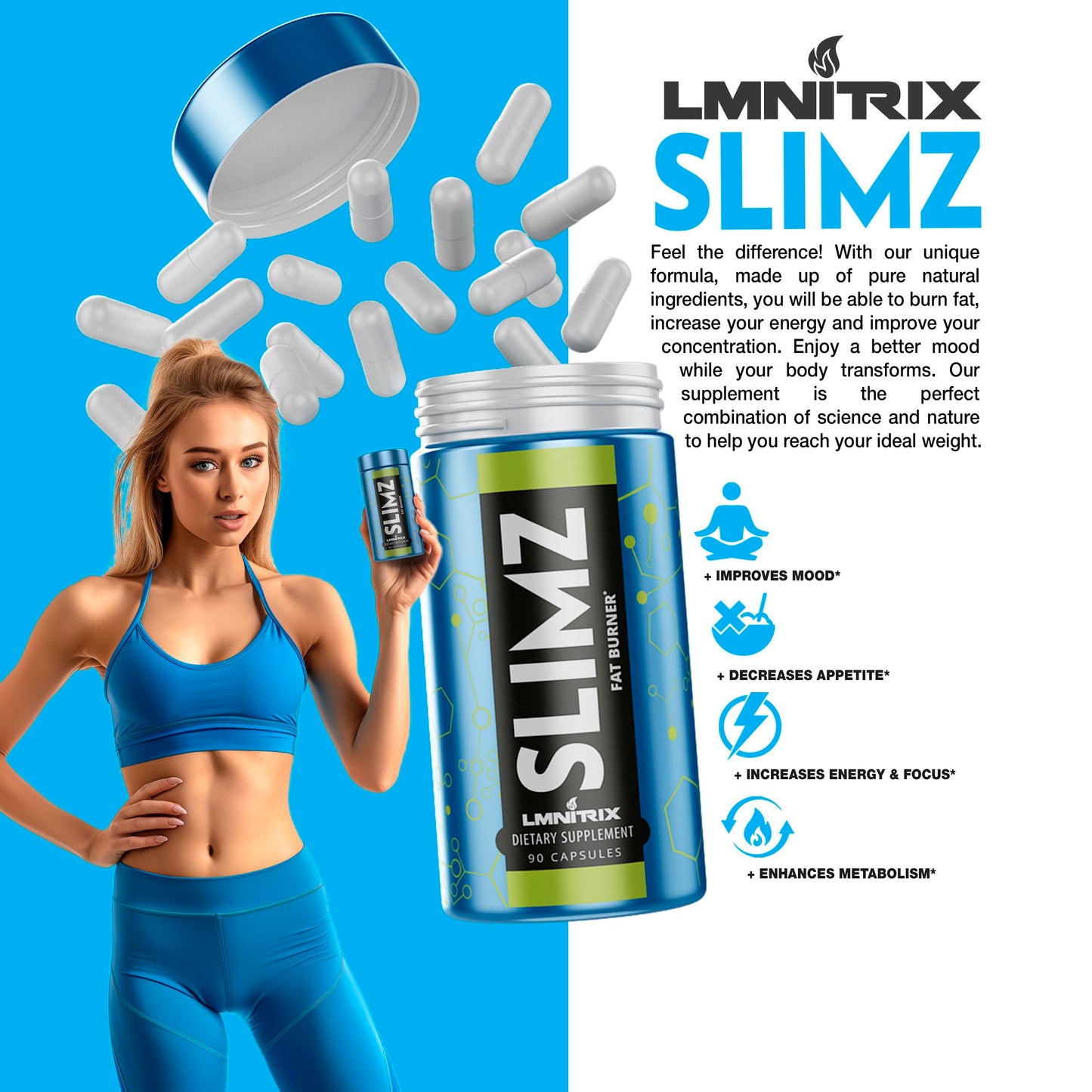LMNITRIX SLIMZ Fat Burner & Mood Enhancer - Diet Pills That Work - Weight Loss Supplement - Lose Weight, Get Rid of Stress and Take Control of Your Wellness Journey - 90 Capsules