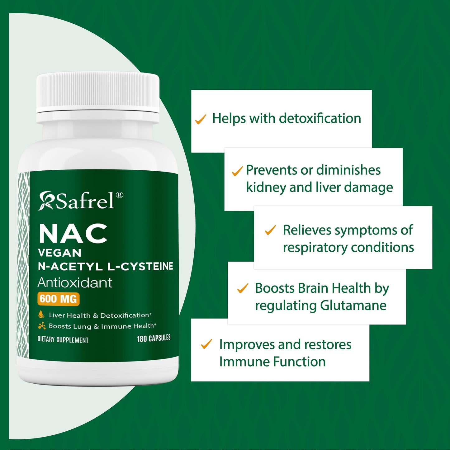 Safrel N-Acetyl-L-Cysteine (NAC) Capsules, 600mg, 180 Count, Respiratory, Immune, Liver Health Potent antioxidant Support, Free-radicals, Easy to Absorb, Non-GMO, Gluten Free