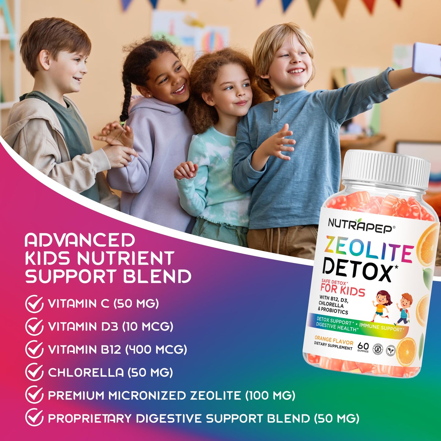 NutraPep Zeolite Detox Gummies for Kids - Total Body Cleanse Micronized Chewables Supplement with Chlorella - Cleanse Out Toxins - Orange Flavor Vegan Non-GMO Gluten-Free