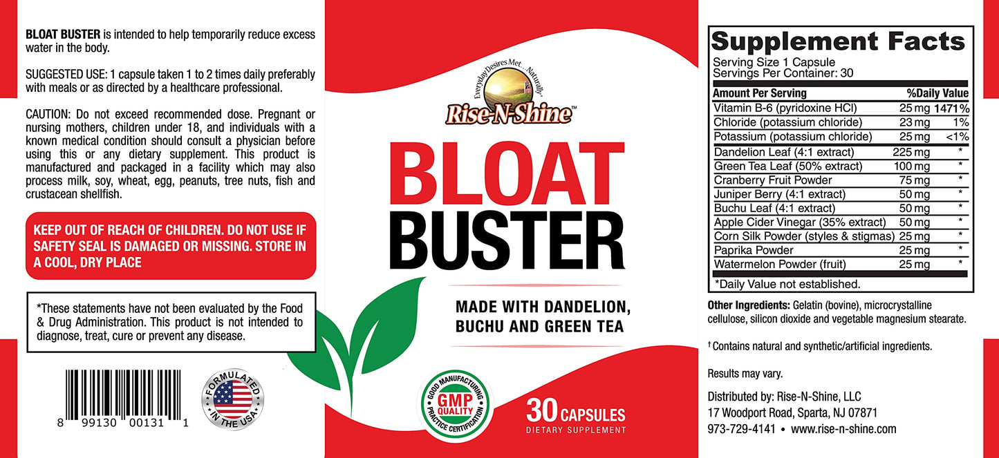 Rise-N-Shine Bloat Buster Water Pills with Dandelion, Green Tea, Apple Cider Vinegar and More to Help Water Retention and Bloating 30 Count