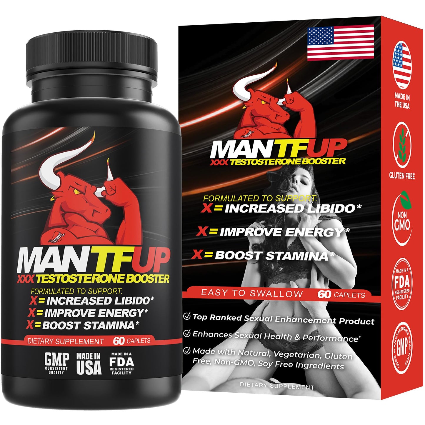 MANTFUP Vitality Enhancer for Men | Fast-Acting Testosterone Booster & Daily Supplement to Support Male Health & Libido | Potenciadores de Testosterona | Made in USA (1 Month Supply, 60 Caplets)