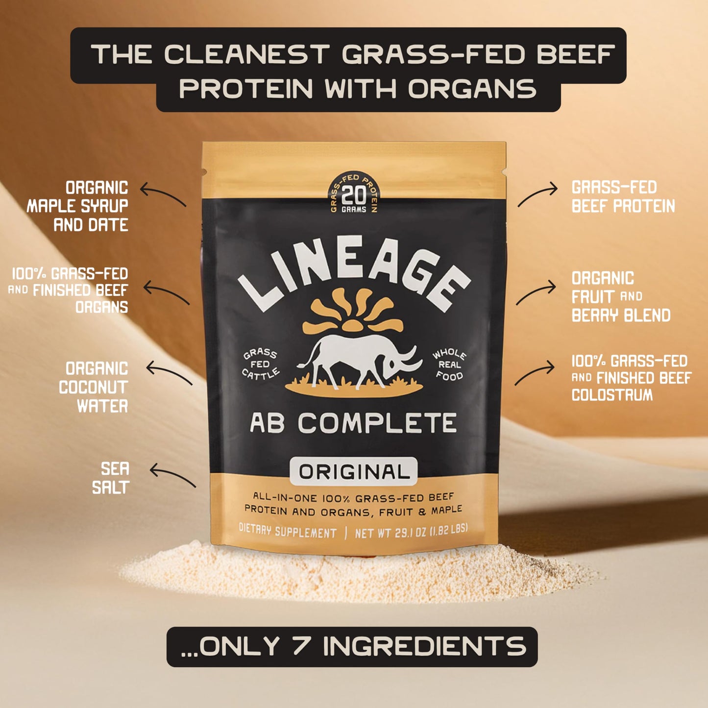 Lineage Provisions Grass Fed Beef Protein Powder - Original Flavor - Nose to Tail Animal Protein Powder Including 100% Grass Fed and Finished Beef Organs, Colostrum, and Fruit - 1.8 lbs (30 Servings)