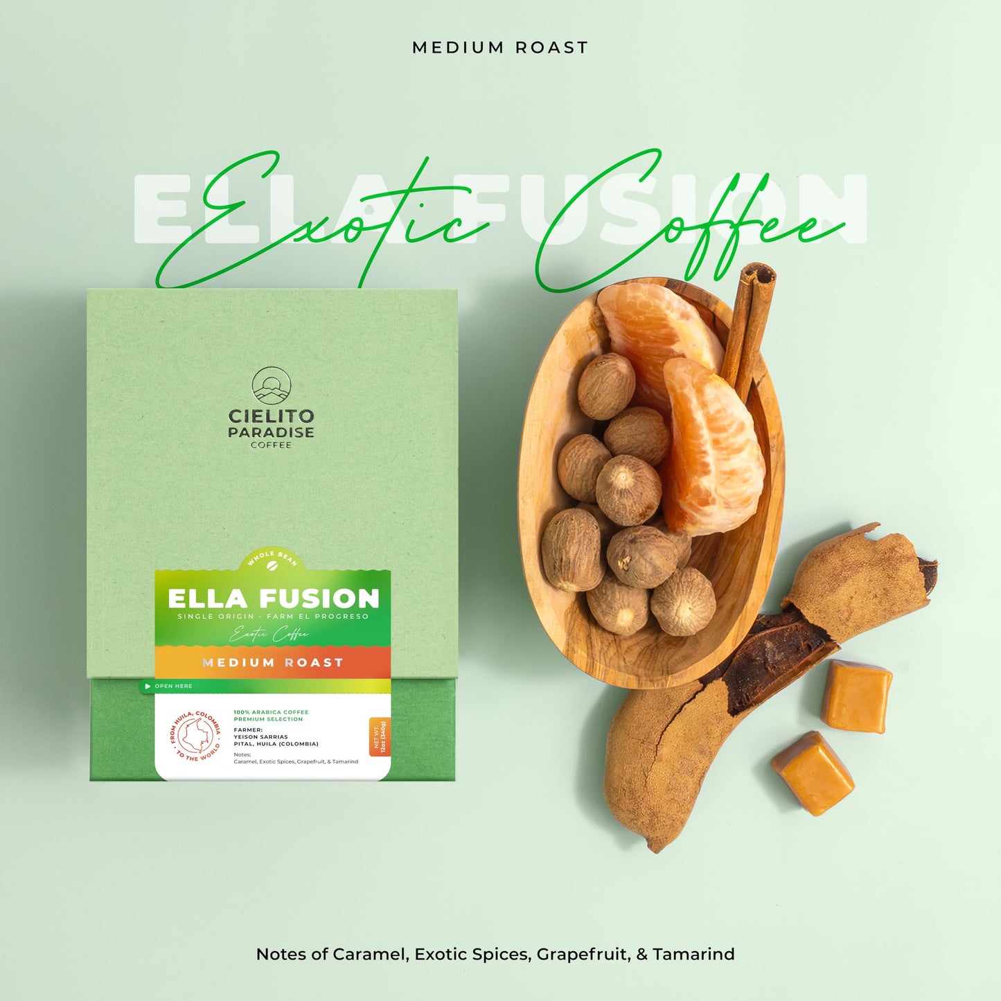 Ella Fusion Anaerobic Medium Roast Specialty Coffee with Natural Fermentation Process from Cielito Paradise featuring notes of caramel exotic spices grapefruit and tamarind 12oz