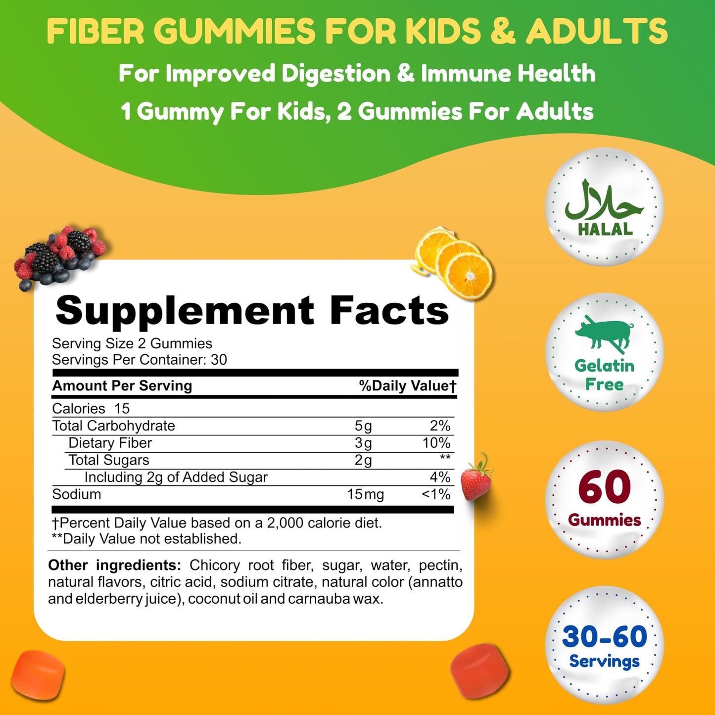 SHIFAA NUTRITION Halal & Gluten Free Fiber Gummies for Kids & Adults | 3g, 30-60 Servings | 60 Gummies | Improves Digestive Health, Immunity & Gut Health | Vegan Prebiotic | Non-GMO, Gelatin-Free