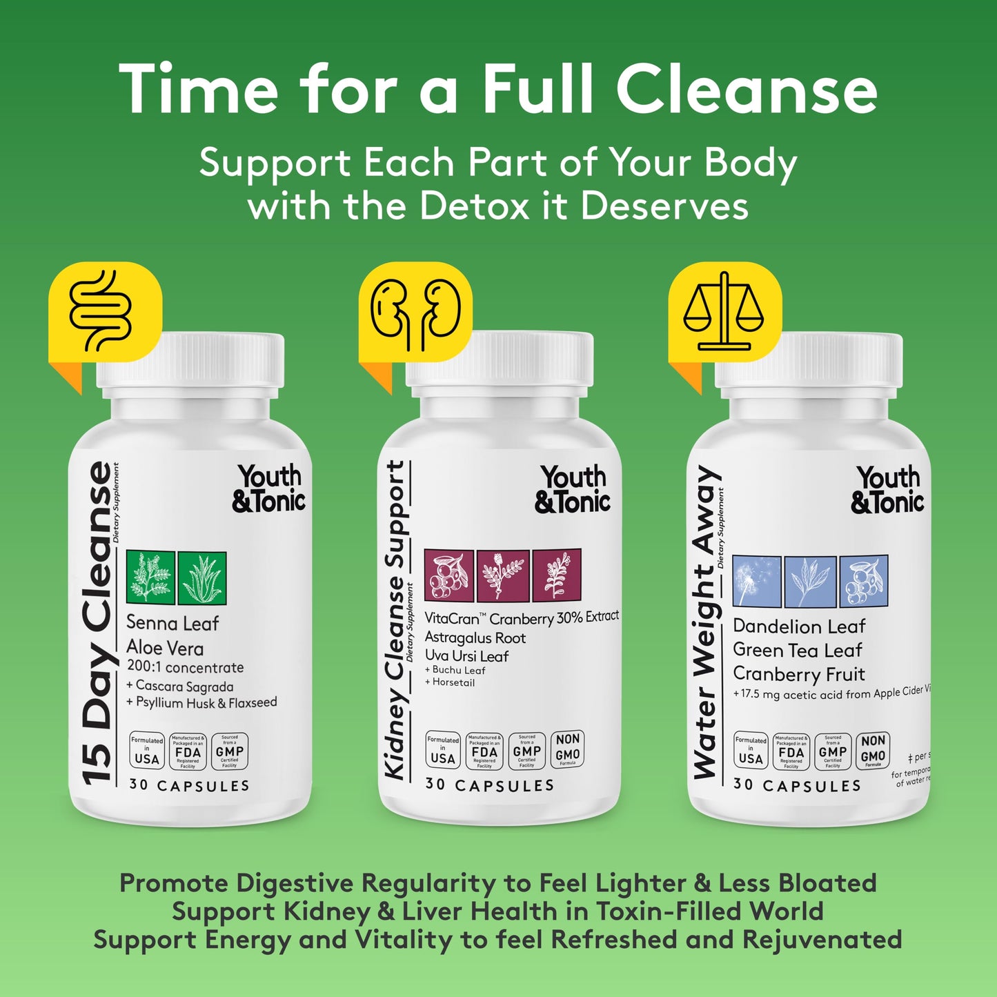 Youth & Tonic Diuretic Full Body Cleanse Detox Pills for Bloating, Puffiness and Swelling, System Flush for Colon, Kidney and Liver Detoxing, 30 Day Supply with Green Tea, Senna, Dandelion, Cranberry