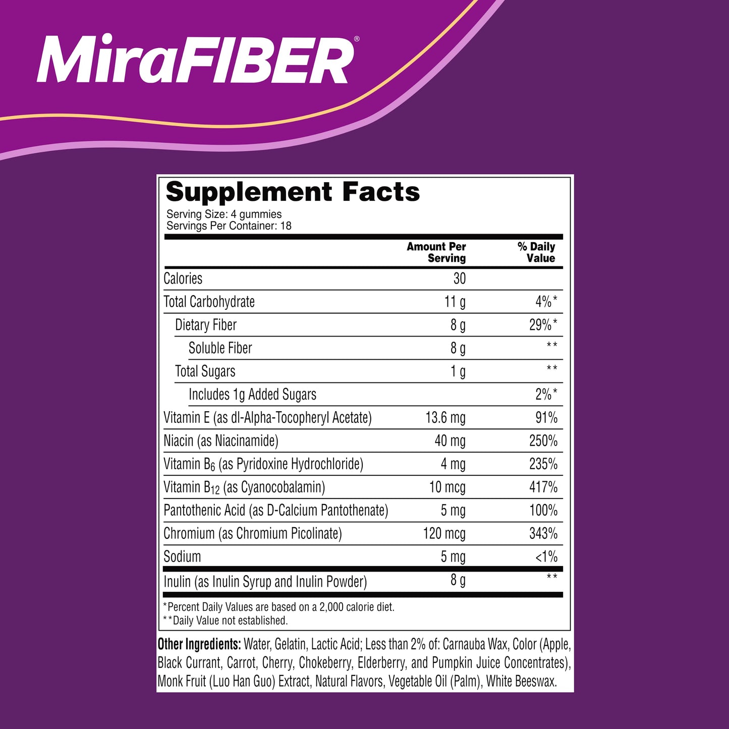 MiraFIBER Gummies, From The Gut Experts at MiraLAX, 8g of Daily Prebiotic Fiber with B Vitamins to Support Digestive Health and Metabolism, Fruit Flavored Fiber Gummies, 72 Count