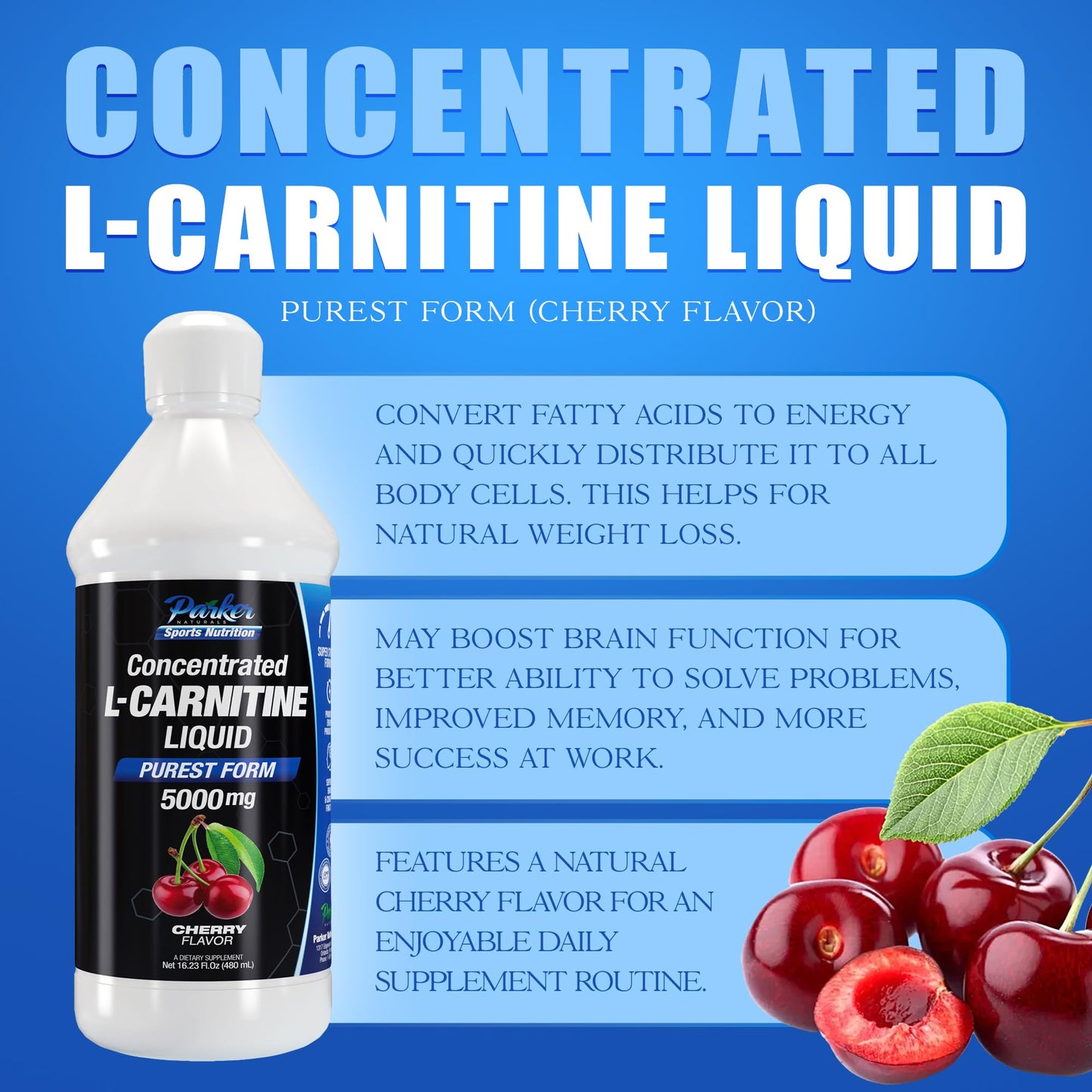 Parker Naturals Concentrated L-Carnitine Liquid, 5000mg All Natural Cherry Flavored Supplement, Liquid L-Carnitine with Vitamin V5, 16.23 Fl. Oz