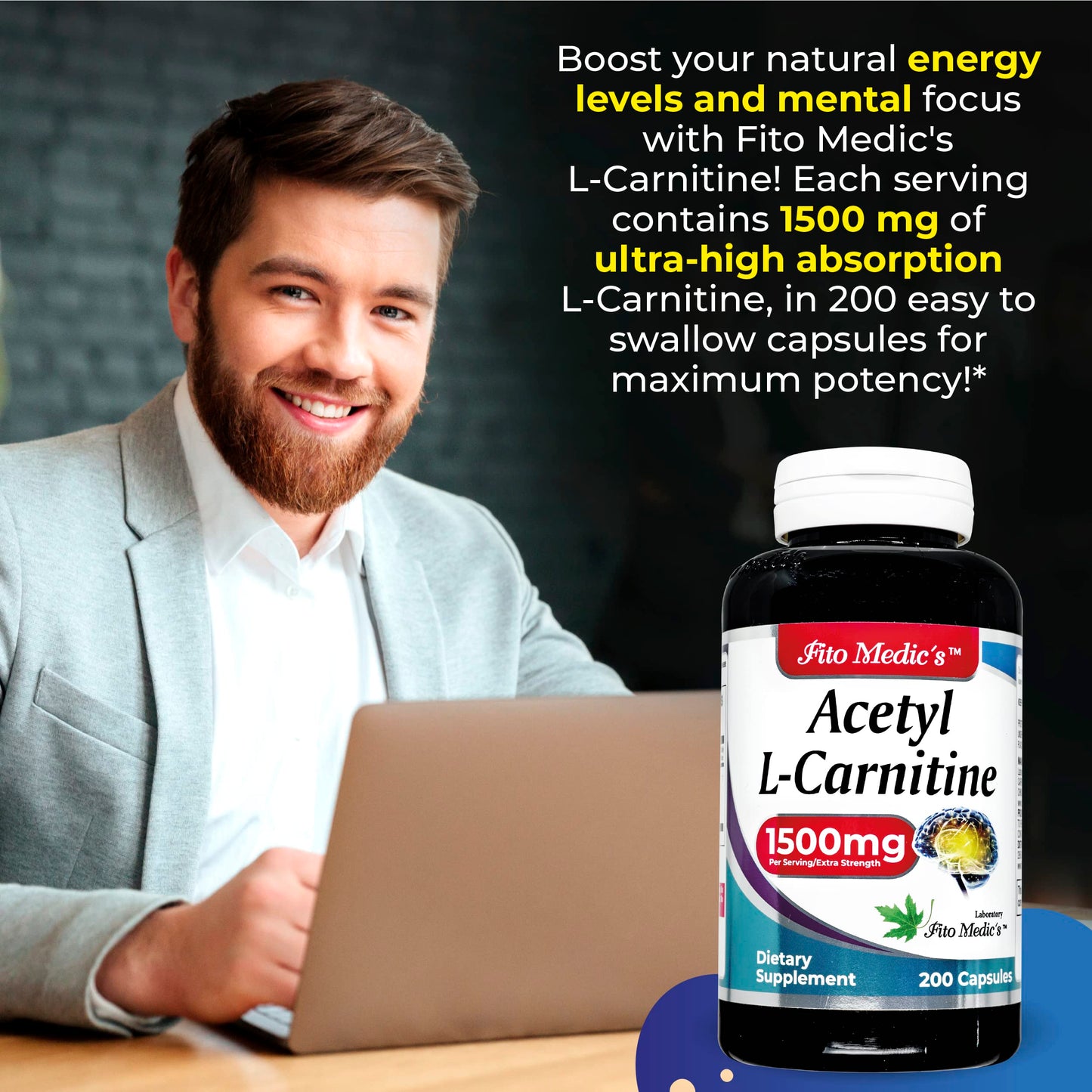 Lab - l carnitine - 1500 mg per Serving, 200 Capsules, l-carnitine - High Potency of - Acetyl l-carnitine -Supports Natural Energy Production, Supports Memory-Focus - carnitine - High Absorption.