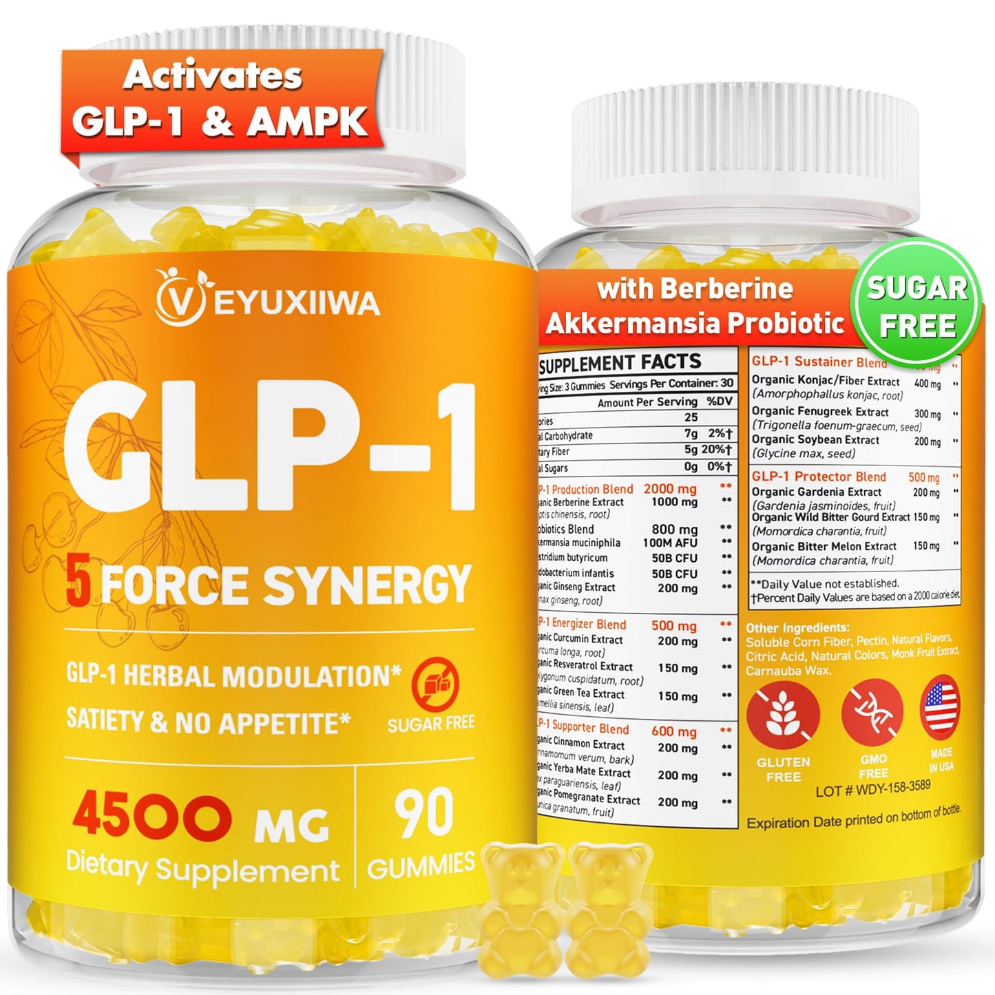 GLP-1 Supplement Berberine, GLP 1 Probiotic Gummies for Women and Men| Activates GLP-1 & AMPK| with Akkermansia Probiotic, Natural Berberine for Digestion & Gut, Energy, Sugar/Gluten Free - 90 Gummies