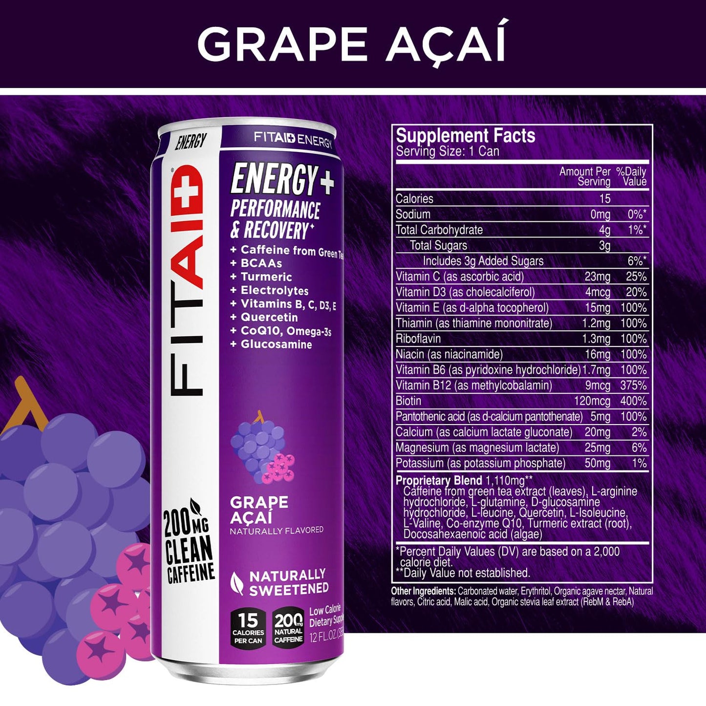 LIFEAID FITAID Energy Grape AÇAI, 200mg Natural Caffeine, Keto, Pre-Workout Performance: BCAAs, Quercetin, Electrolytes, Omega-3s, 15 Calories, Paleo, Vegan & Gluten-Free,12-oz (Pack of 24)
