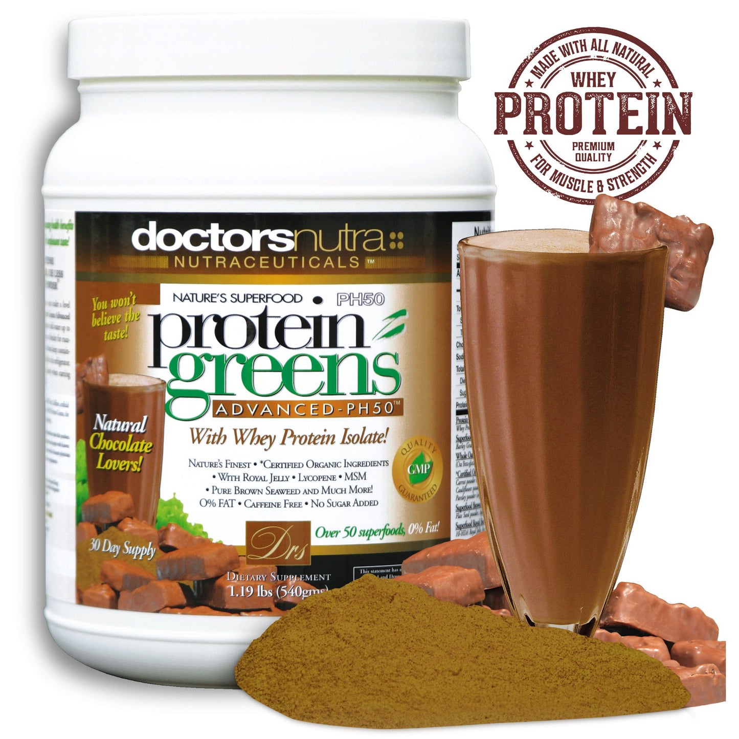 PH50 Protein Greens Drink with Certified Organic Ingredients by Doctors Nutra Nutraceuticals, 1.19 Pounds (540 Grams) 50 Superfoods, Digestive Enzymes, Natural Chocolate Flavor