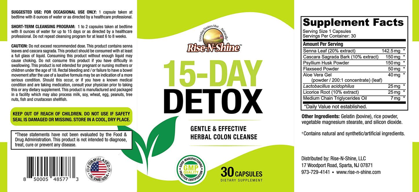 Rise-N-Shine 15 Day Detox Cleanse - Gut Health Support for Women & Men with Senna Leaf and Cascara Sagrada (30 Capsules)