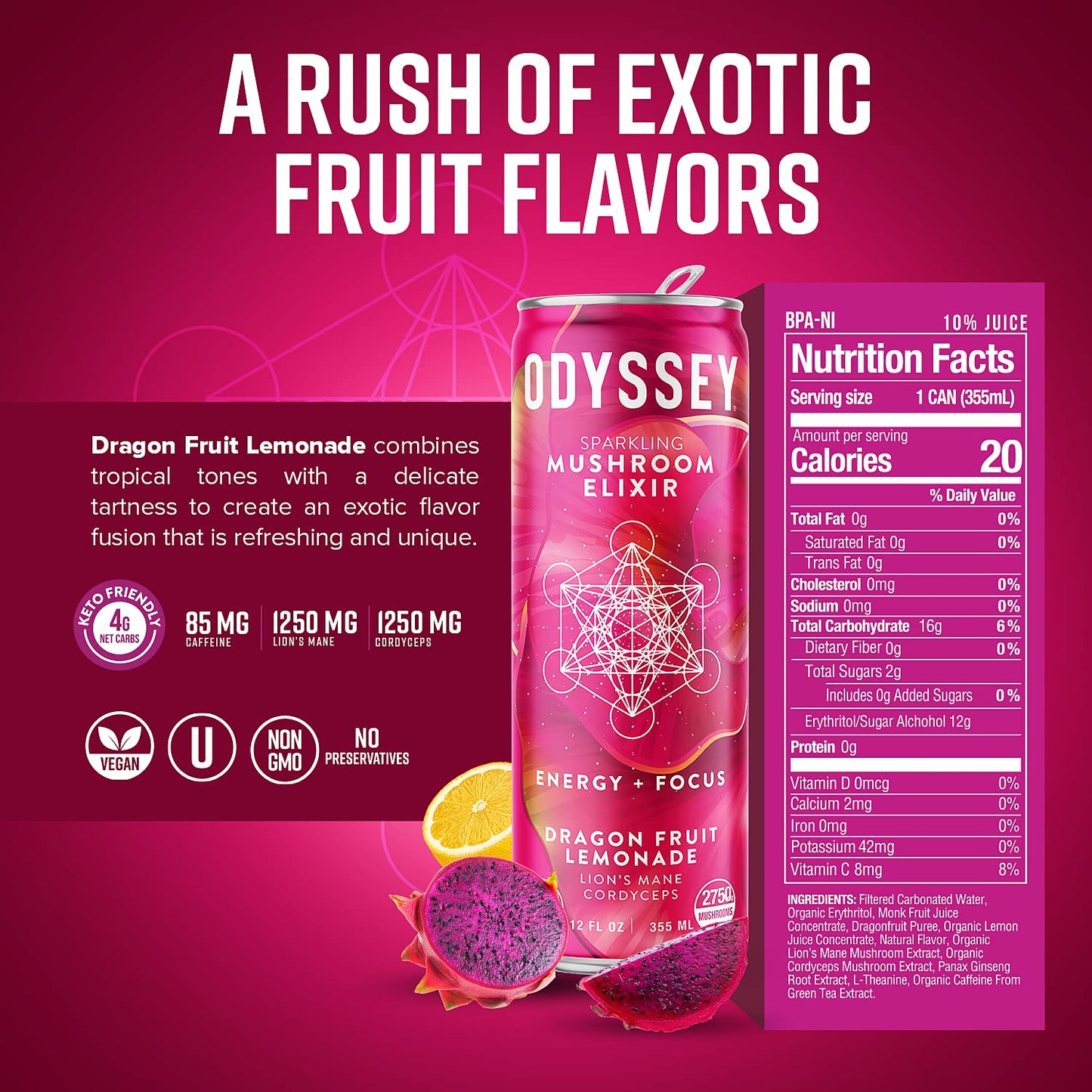 Odyssey Elixir Sparkling Adaptogen Drink Low Calorie Drinks L Theanine Lions Mane Cordyceps  Green Tea Caffeine for Energy  Focus NonGMO Vegan Dragon Fruit Lemonade Flavor 12 Fl oz 12 Pack