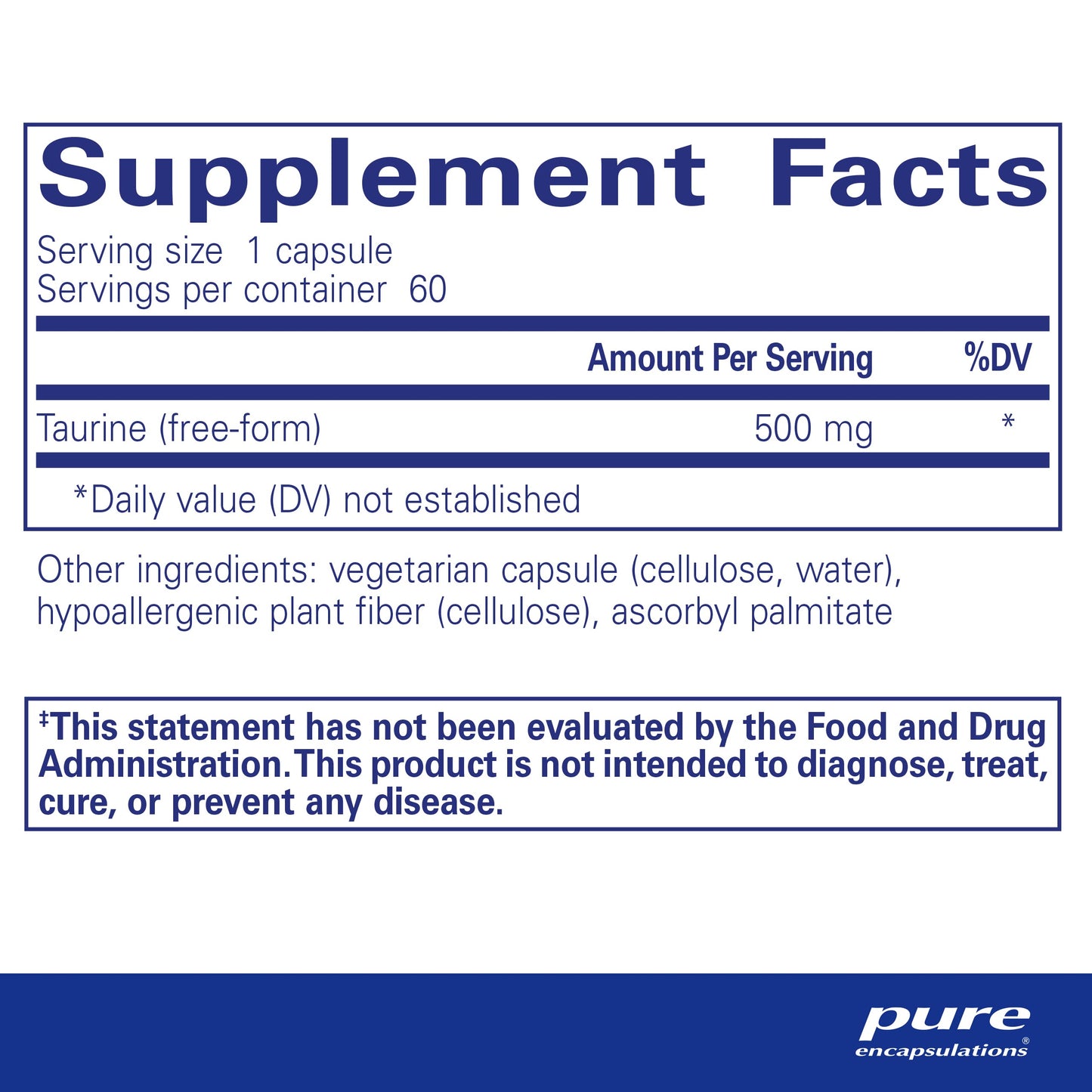 Pure Encapsulations Taurine 500 mg | Amino Acid Supplement for Liver, Eye Health, Antioxidants, Heart, Brain, and Muscles* | 60 Capsules