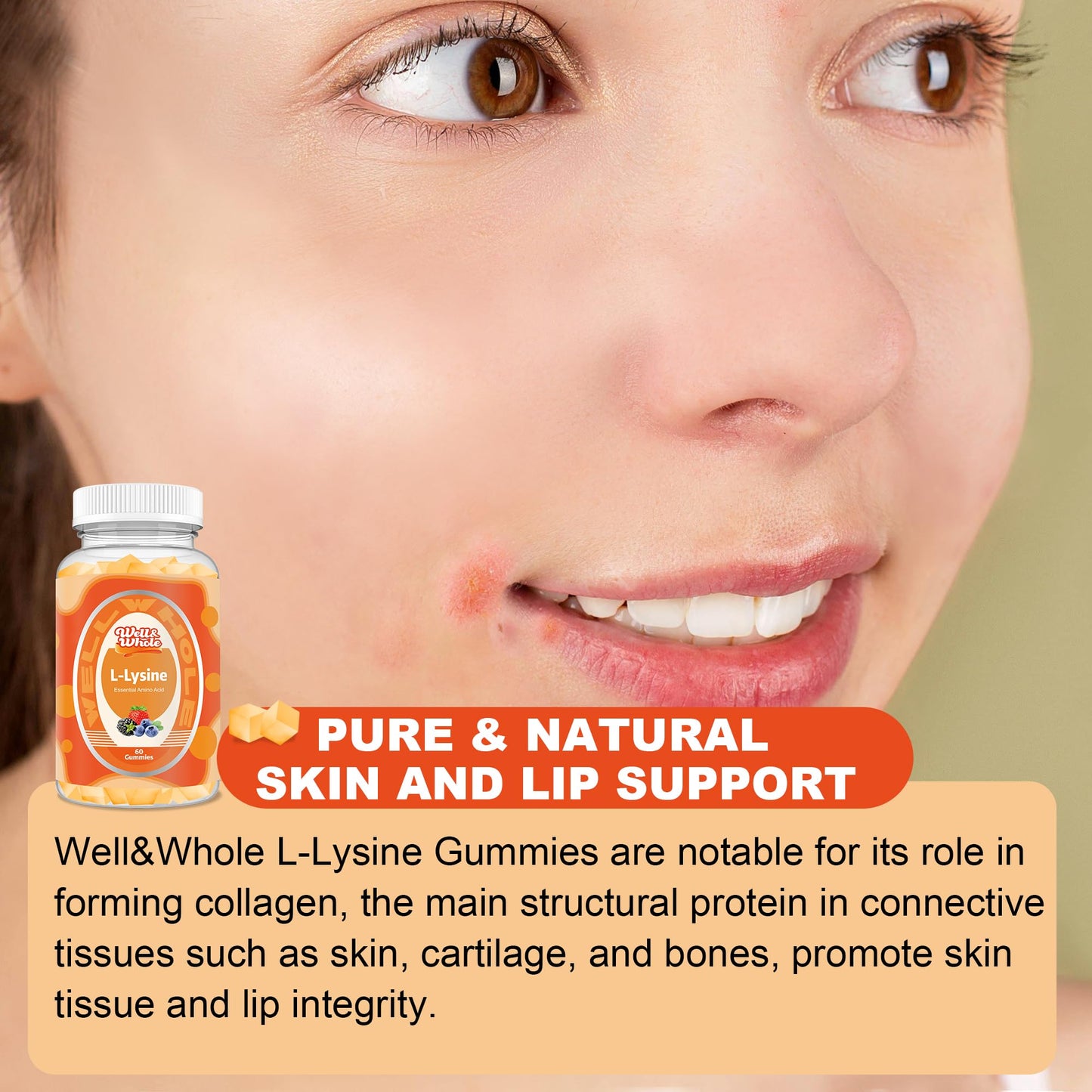L-Lysine Gummies 1000mg - L-Lysine Supplements for Kids and Adults - Lip and Cold Sore* Support for Women - Chewable Lysine Gummies with Vitamin B12 - Vegan, Non GMO, Gluten-Free, 60 Counts