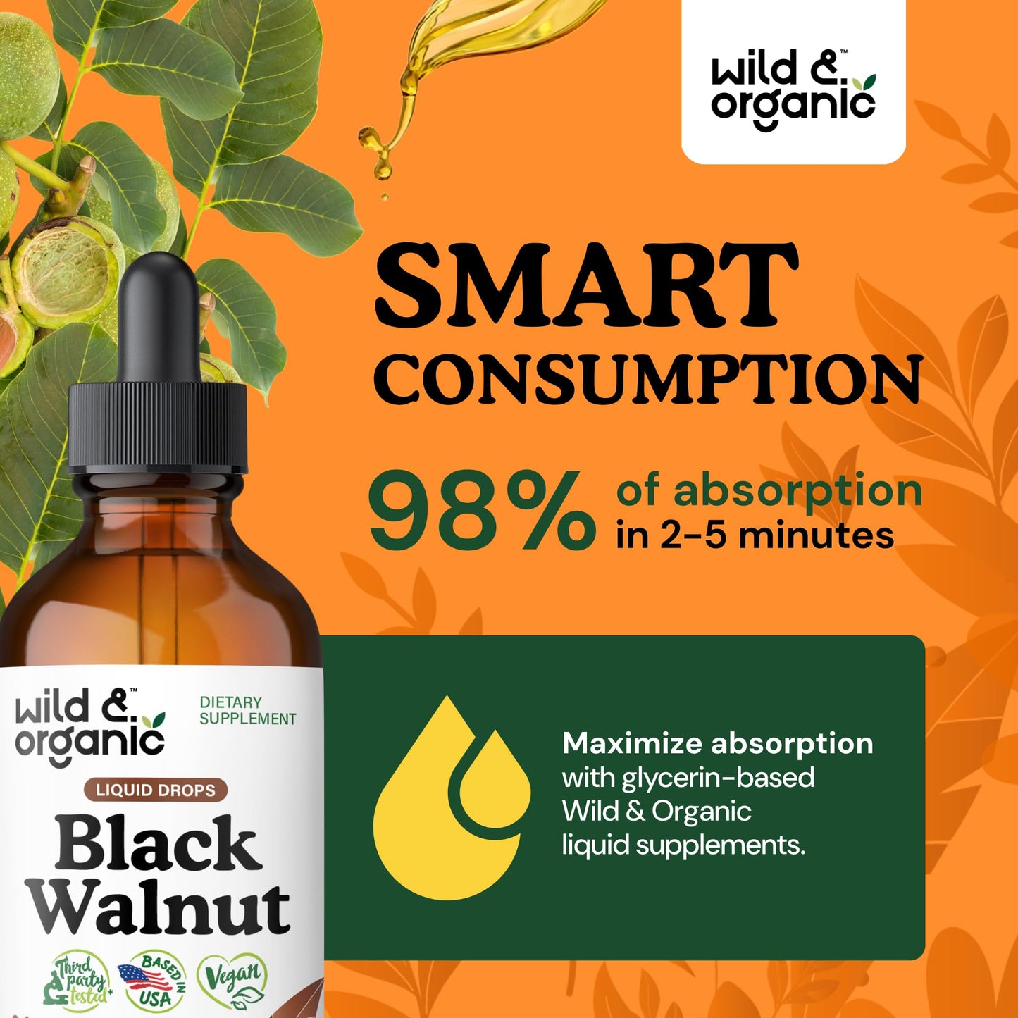 Wild & Organic Black Walnut Tincture - Detox Cleanse w/Black Walnut Hull Extract - Herbal Supplement for Gut Cleanse Detox and Digestive Well-Being - Vegan, Sugar & Alcohol-Free - 4 fl oz