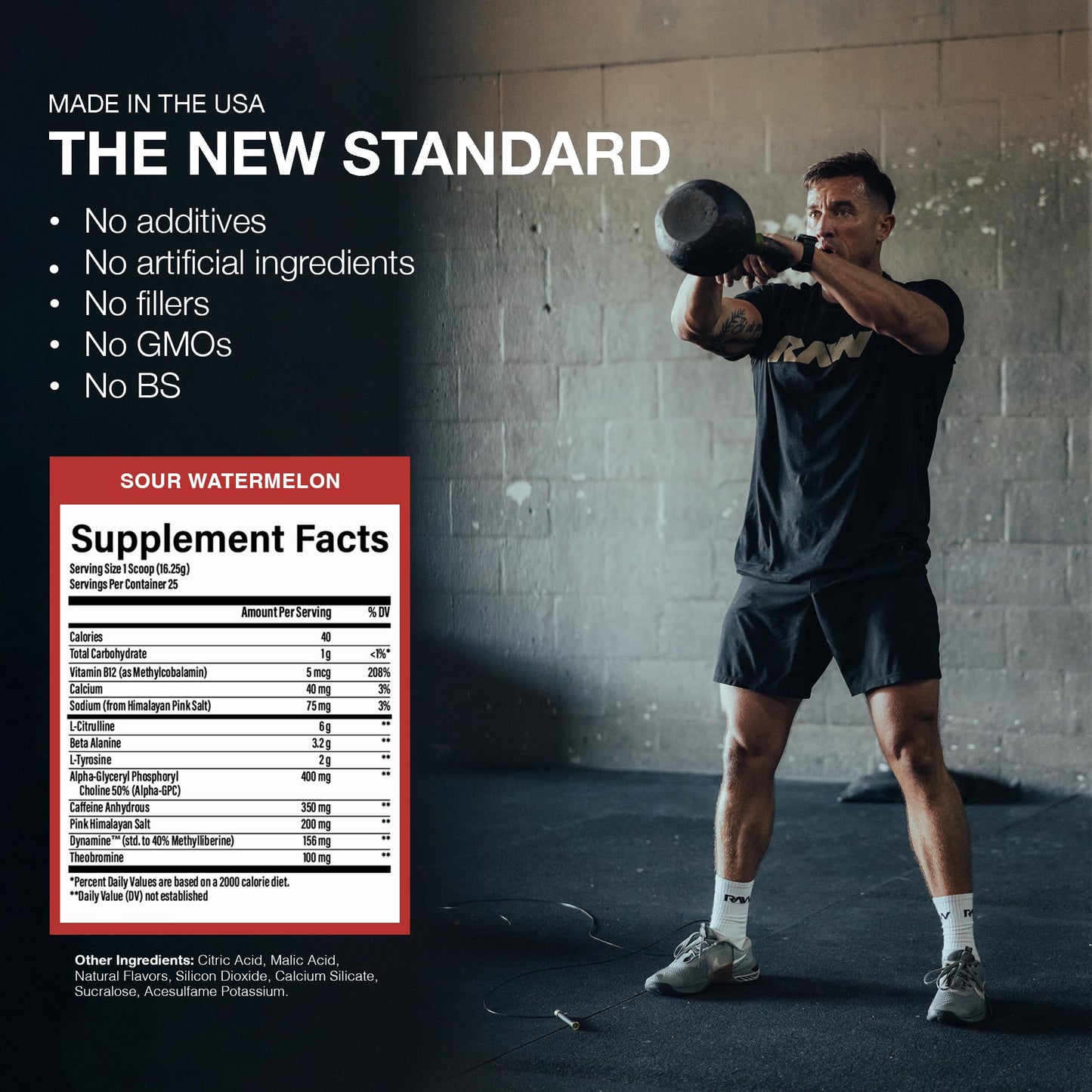 RAW Pre-Workout Powder, Essential CHARGED (Sour Watermelon) - Preworkout Supplement for Men & Women - Supports Focus, Mood & Performance - Caffeine, Alpha-GPC, L-Citrulline, Beta Alanine (25 Servings)