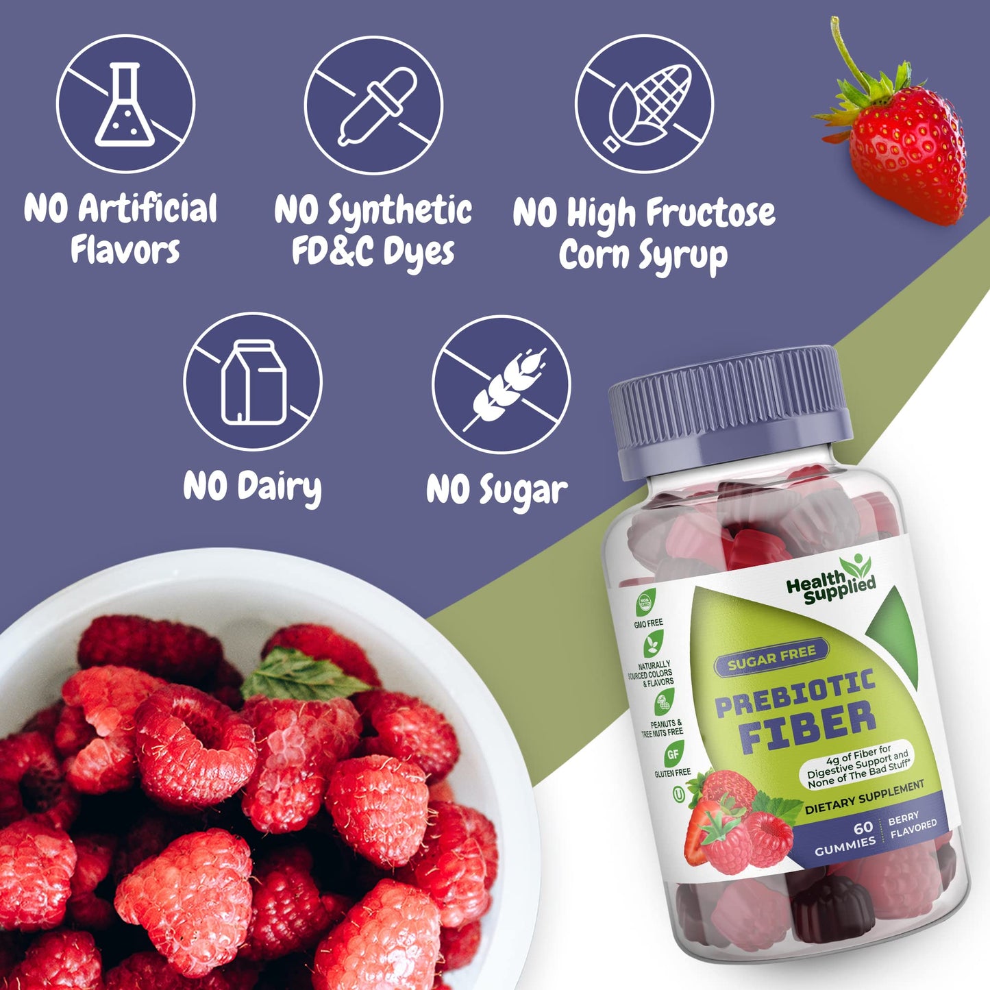 Health Supplied Mixed Berry Flavored Prebiotic Fiber Gummies - Supports Digestive System Gut Cleansing, Constipation Relief - Assists with Weight Loss Plan - Great Tasting and Easy to Swallow