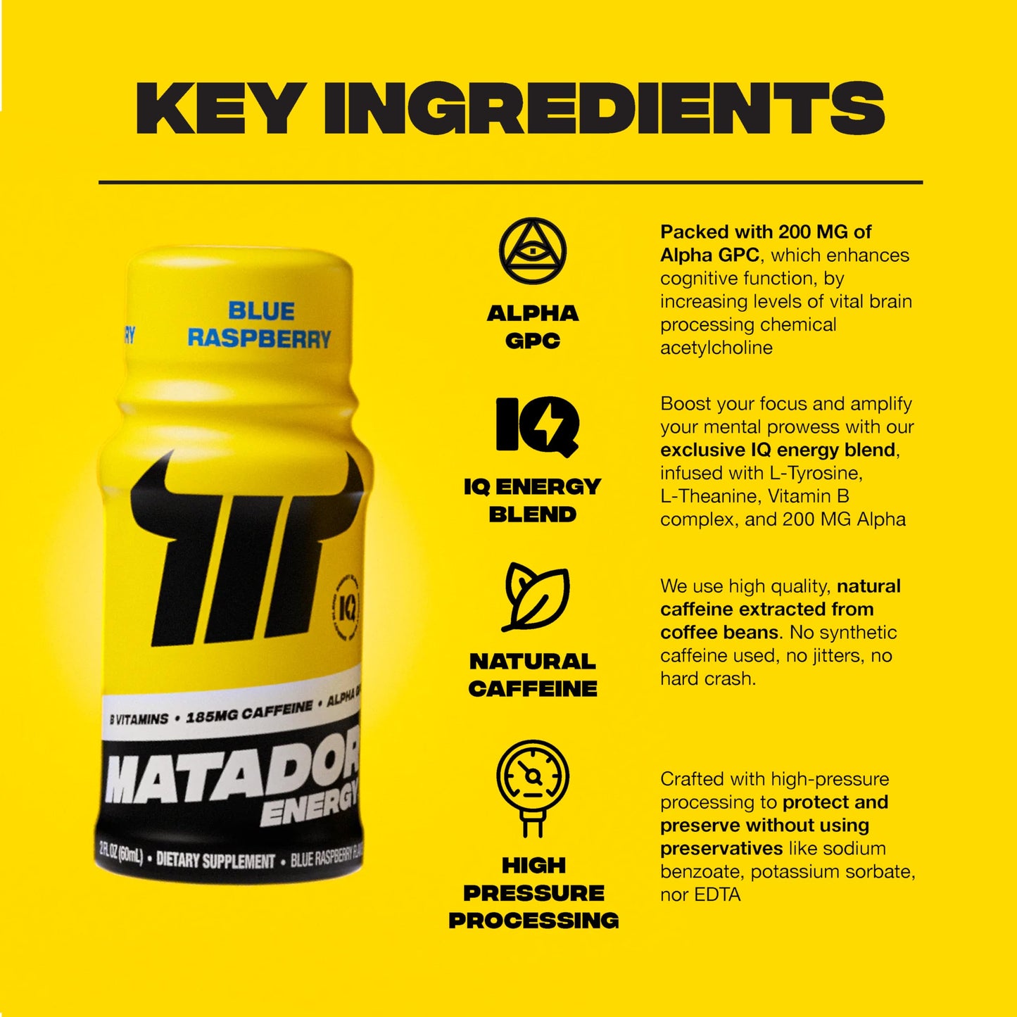 MATADOR Energy Shots Extra Strength Mini Energy Drinks w/B Complex Vitamins (Vitamin B12-B9-B6-B3), Alpha GPC Nootropic Focus, Coffee Bean Extract Caffeine Shots, 24 Shot Count Blue Raspberry