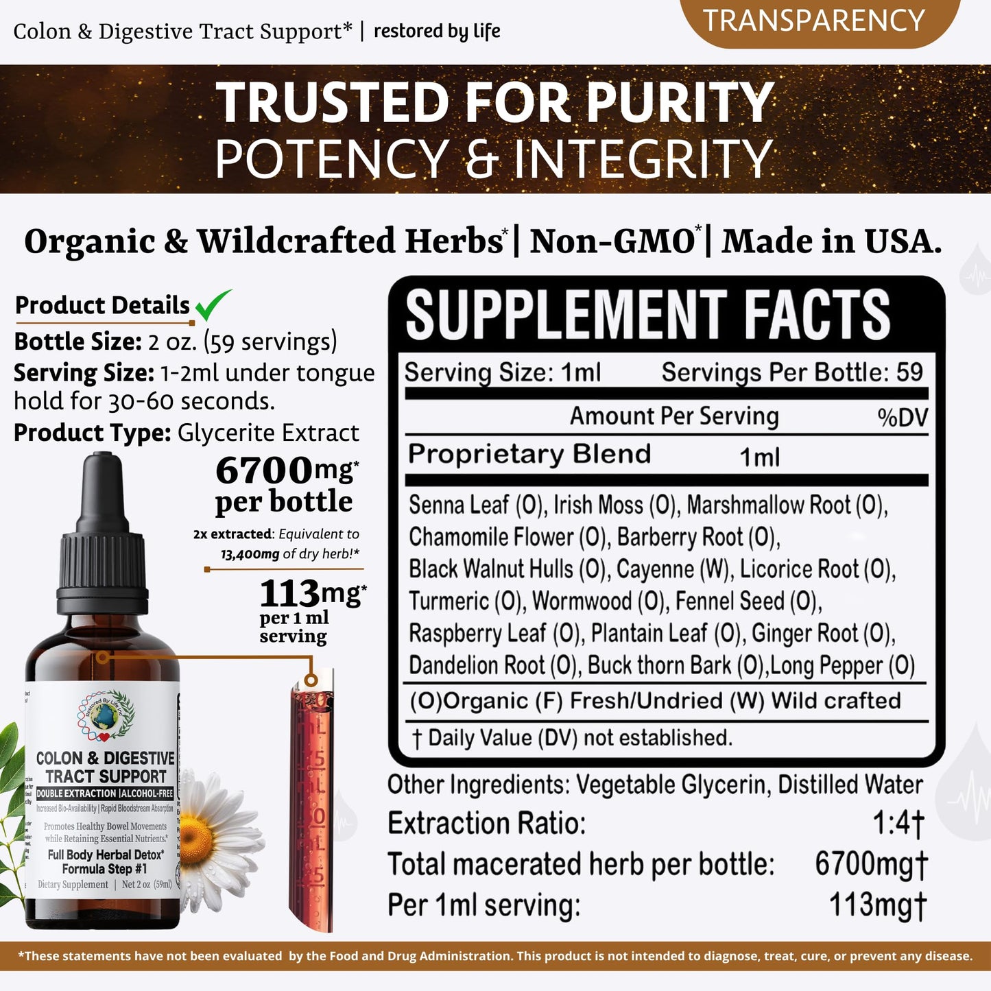 Restored By Life Colon Digestive Tract Support | 2 oz. Liquid Extract Tincture | Detox Cleanse Support Formula