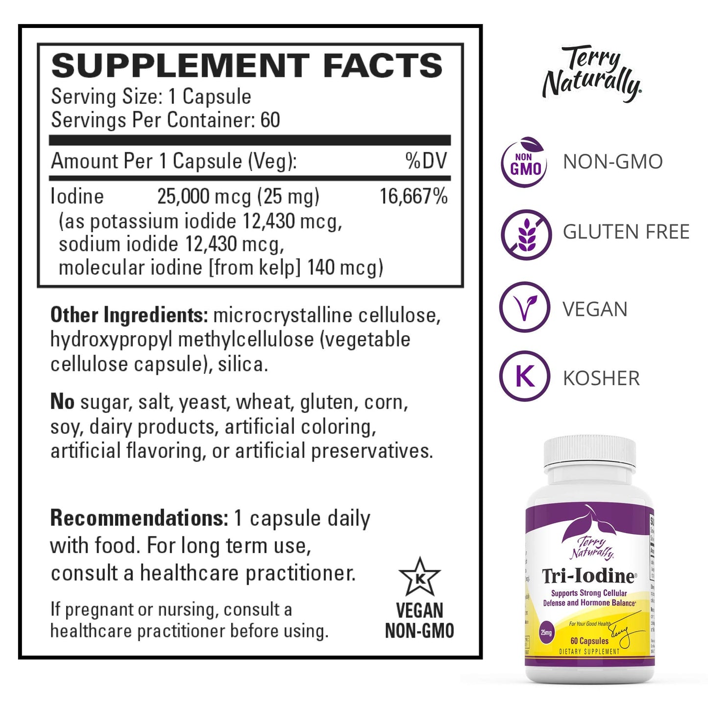 Terry Naturally Tri-Iodine - Dietary Supplement for Breast & Prostate Health Support - Healthy Thyroid Function Supplement Aid - 25 mg, 60 Capsules