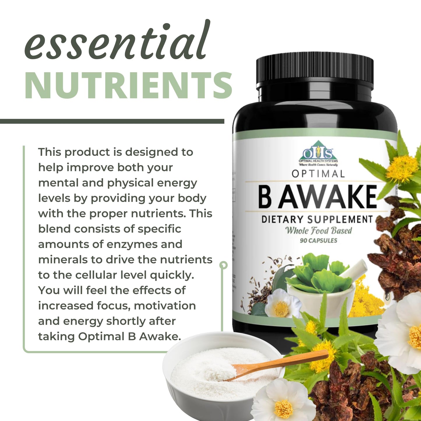 Optimal Health Systems B Awake | Super B Vitamin/Energy Blend & Whole Foods + Enzymes & Probiotics for Absorption | 90 Capsules