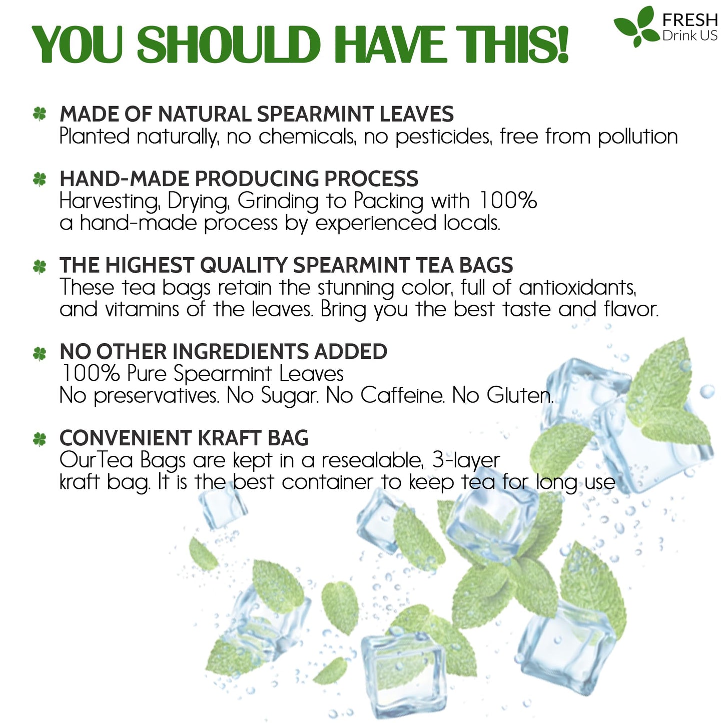 FreshDrinkUS Premium 45 Spearmint Tea Bags 100 Natural Spearmint Leaves Loose Leaf Spearmint Herbal Tea Spearmint Leaf Tea No Sugar No Caffeine No Gluten Vegan