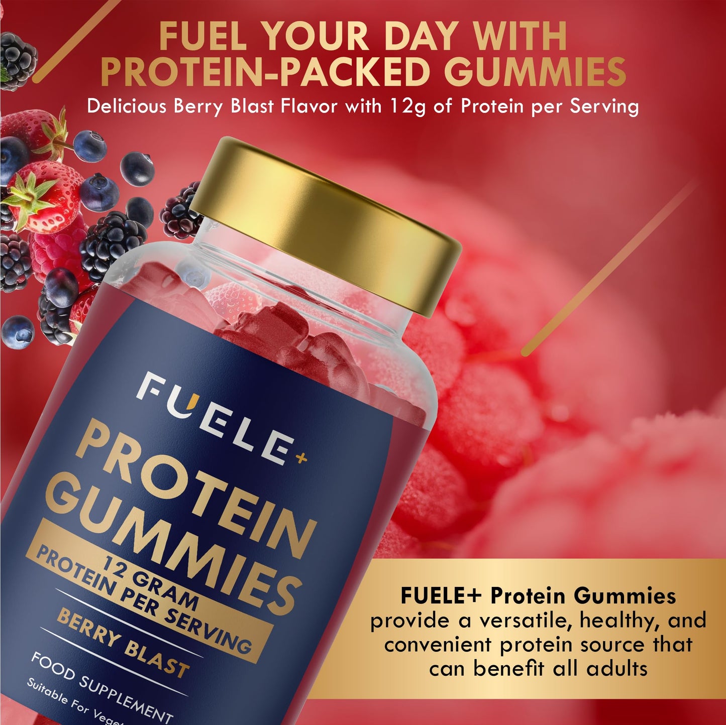 FUELE+ Whey Protein Gummies - Mixed Berry Flavour, 12g High Protein per Serving - Protein Powder Alternative, No Added Sugar, Vegetarian, Convenient Whey Protein Supplement, Muscle Recovery