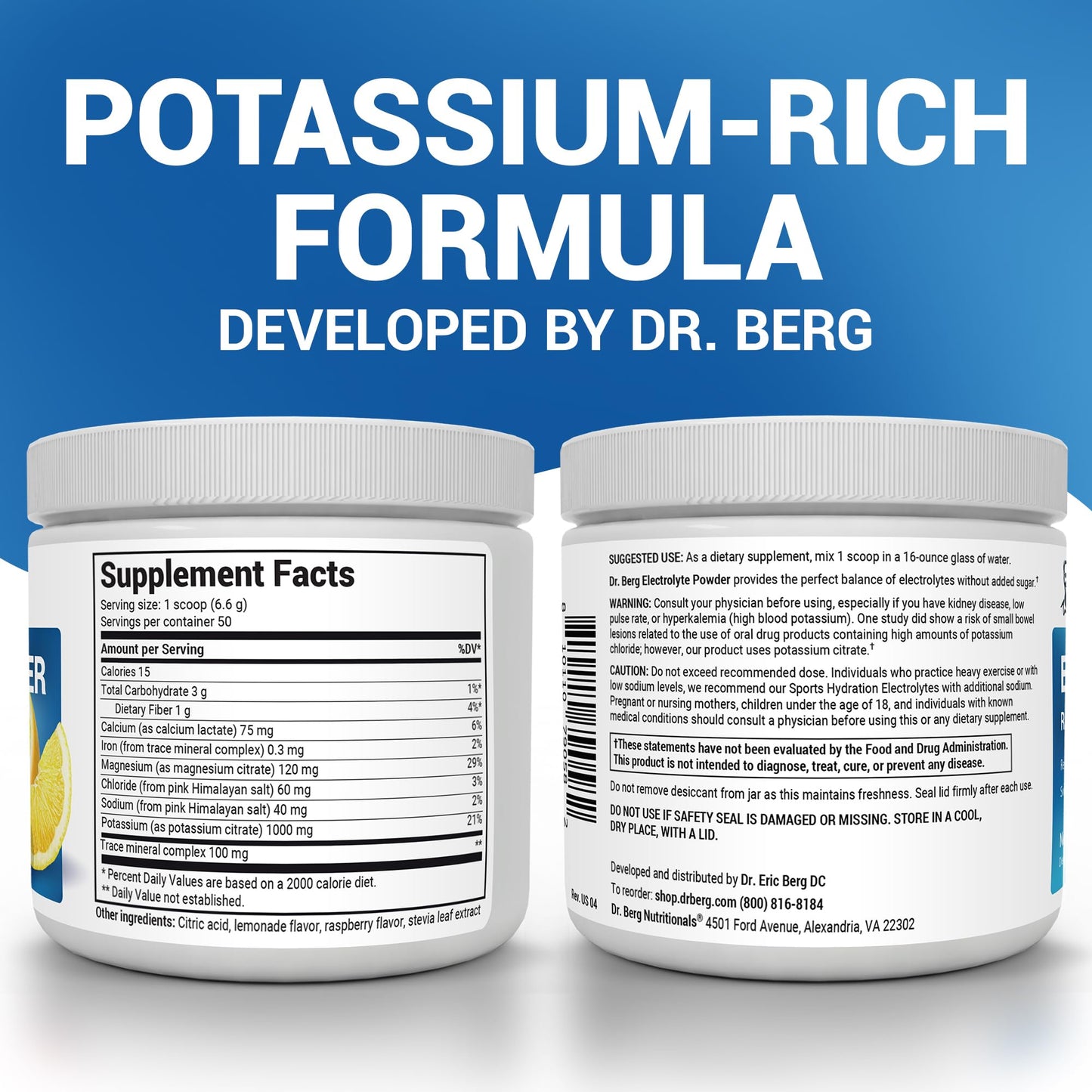 Dr. Berg Zero Sugar Hydration Keto Electrolyte Powder - Enhanced w/ 1000 mg of Potassium & Real Pink Himalayan Salt (NOT Table Salt) - Raspberry & Lemon Flavor Hydration Drink Supplement - 50 Servings