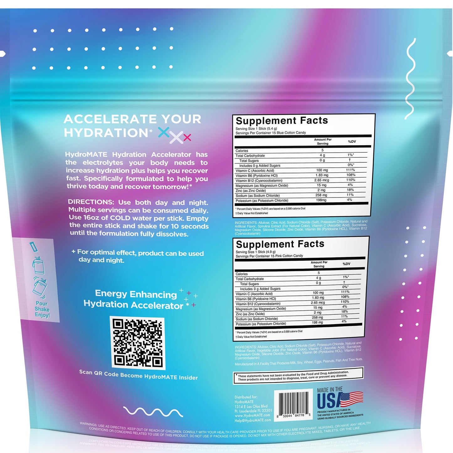 HydroMATE Electrolytes Powder No Sugar Cotton Candy - 30 Count Instant Hydration Packets with Vitamin C to Boost Energy - Sugar Free Electrolytes to Support Hydration on Keto Diet & Party Recovery