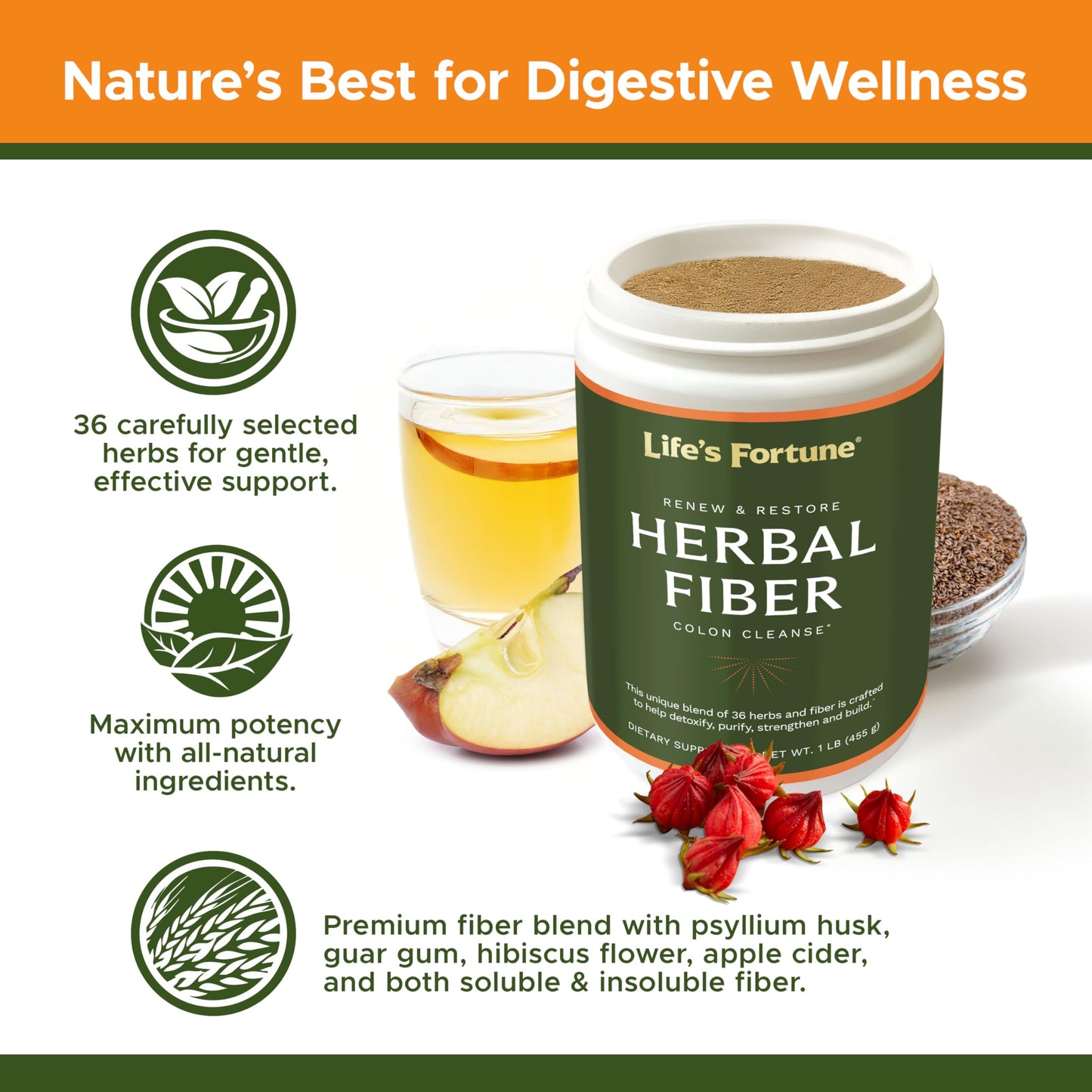 Life's Fortune Organic 100% Natural Herbal Fiber Unflavored Powder Gut Health Drink Supplement with Apple Fiber, Non-GMO, Soy & Gluten-Free, 455g (50 Servings)